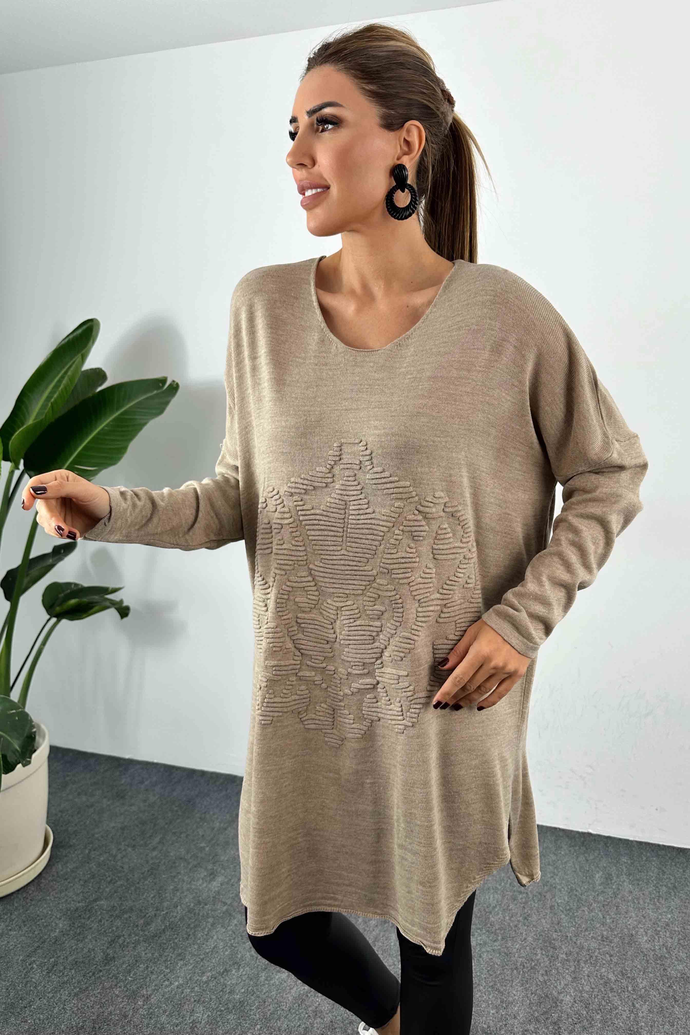 Kabartma Desenli Oversize Triko Bluz Vizon