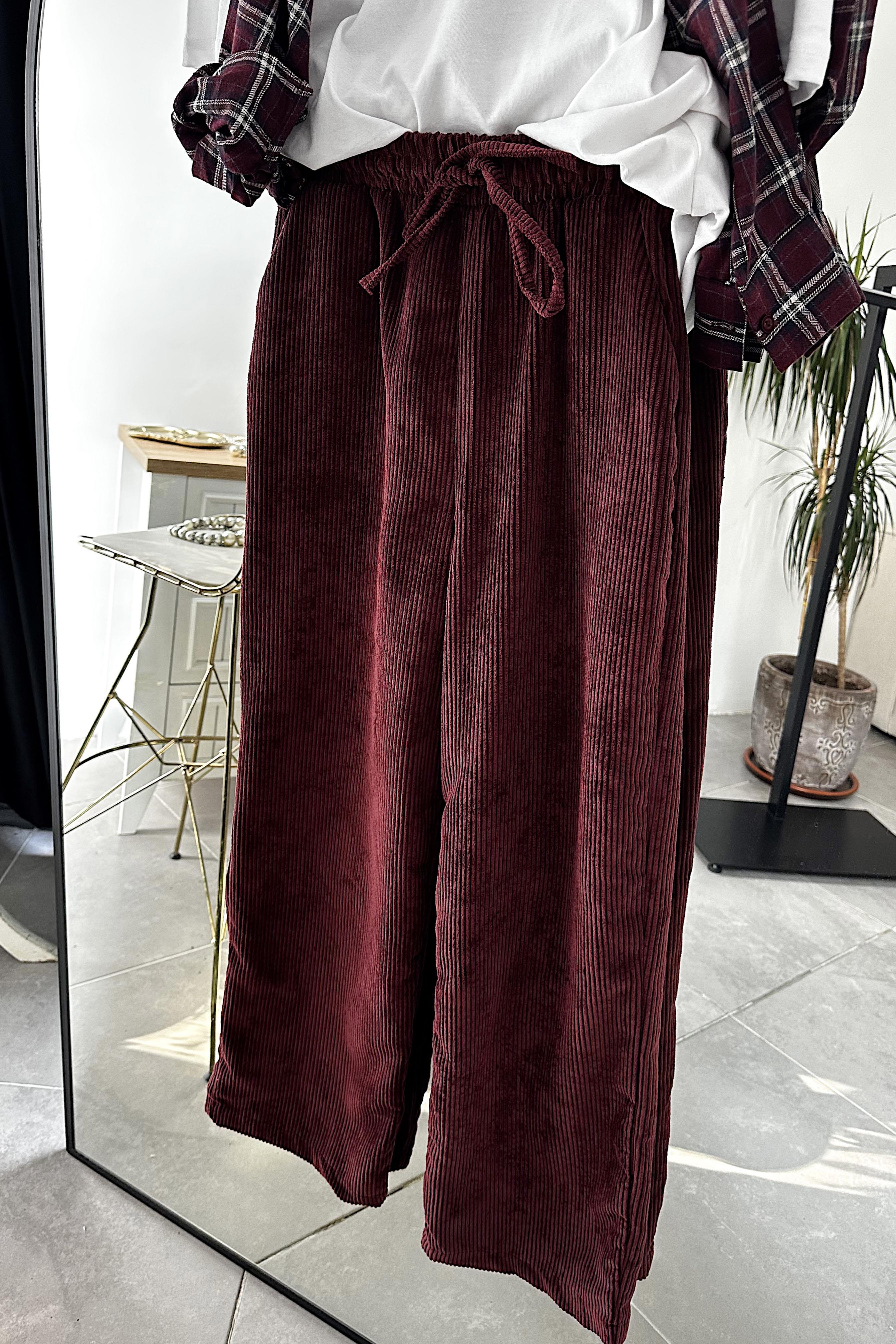 Kadife Beli Lastik Detaylı Palazzo Pantolon Bordo