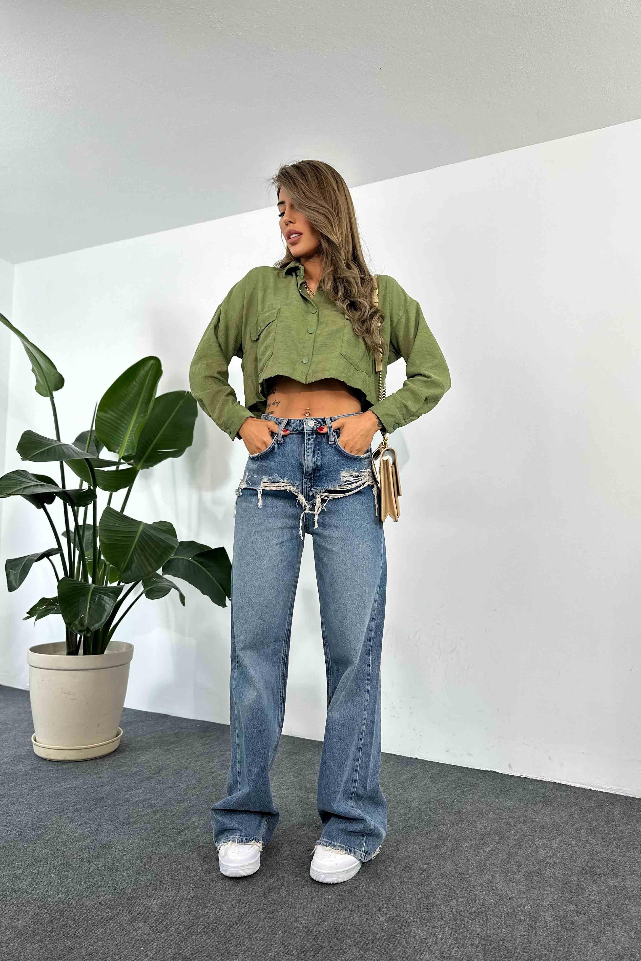 Kadife Kumaş Oversize Crop Gömlek Haki