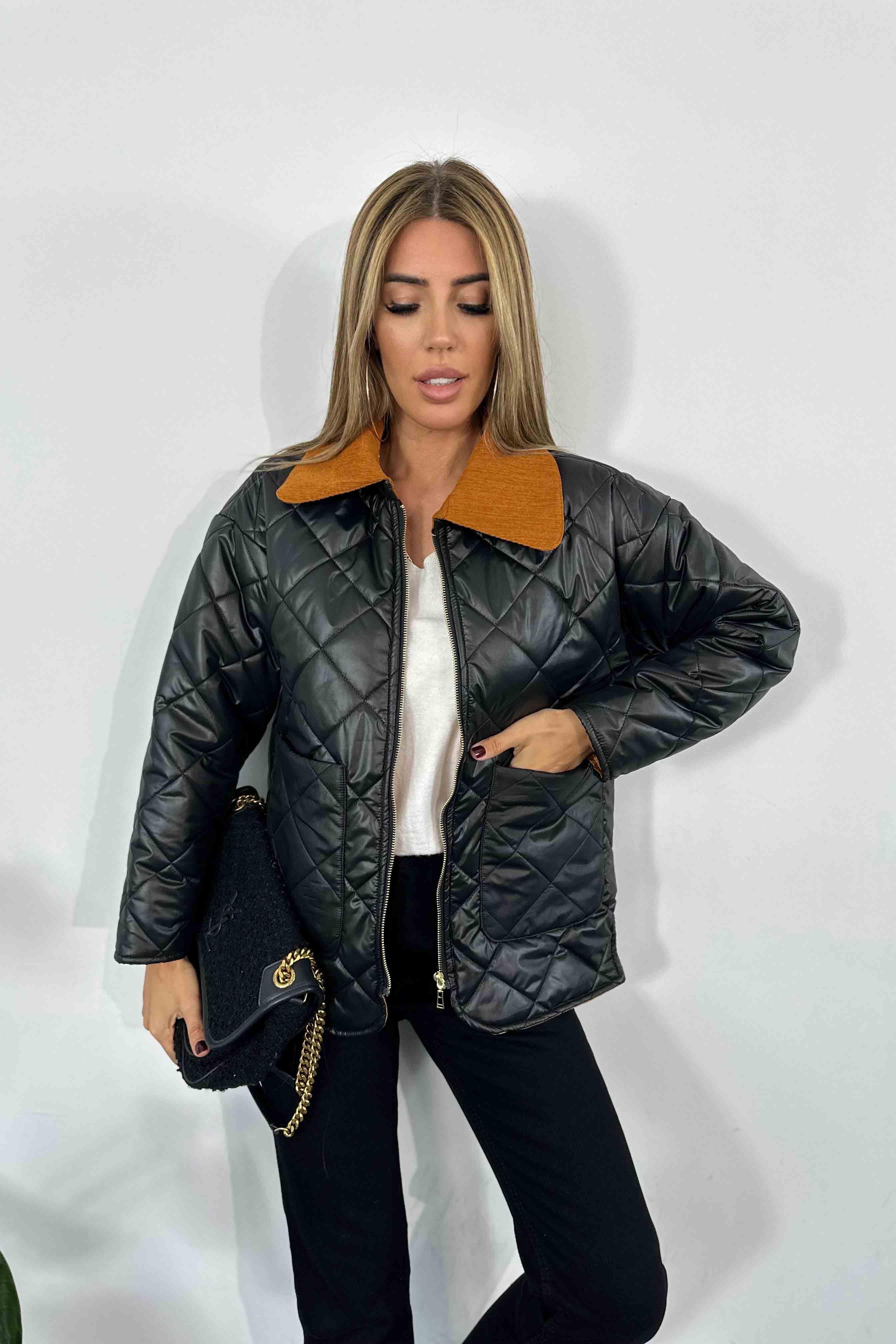 Kadife Yaka Detaylı Kapitone Kadın Mont Siyah