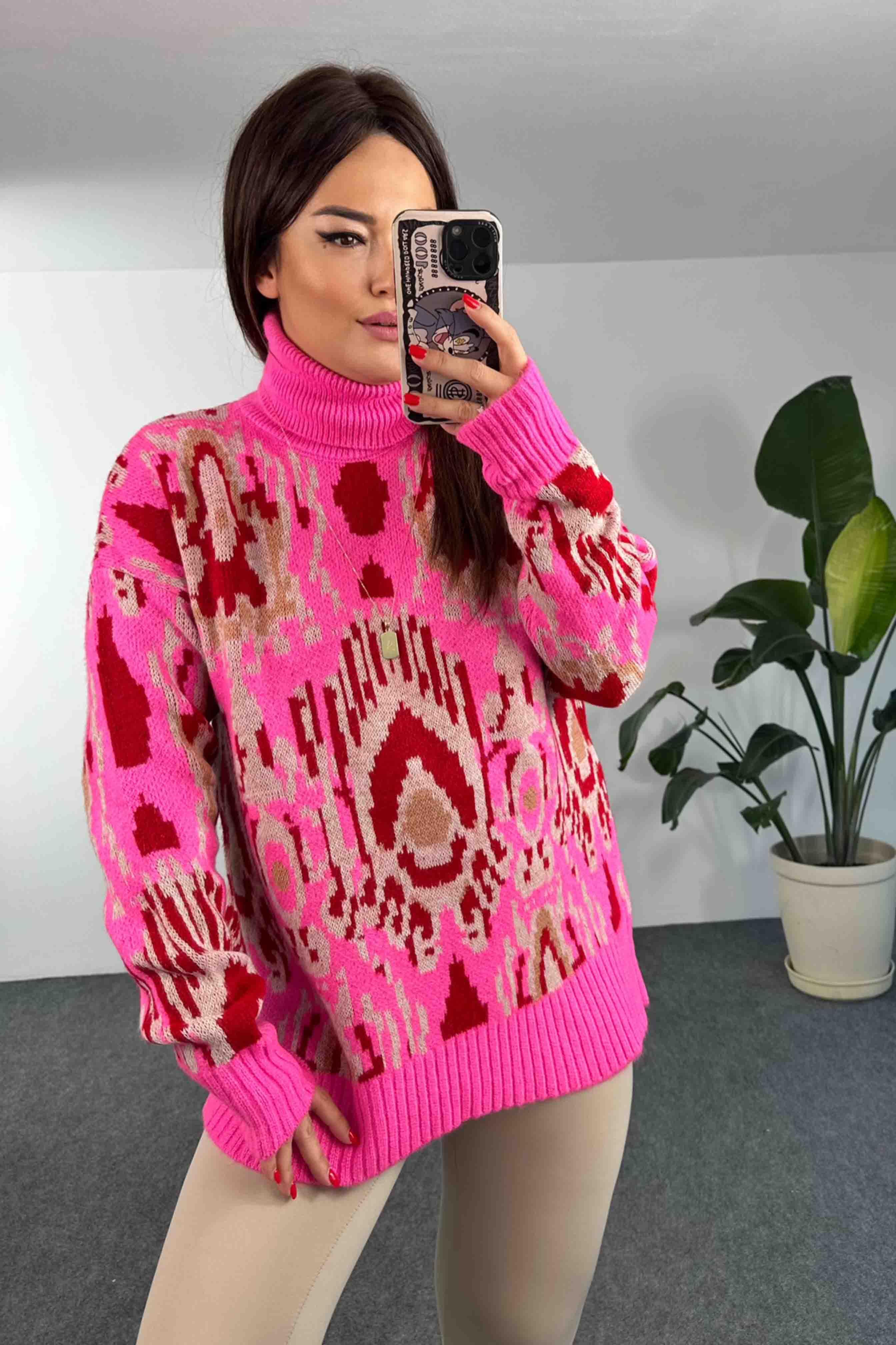 Kalın Sık Örme Balıkçı Yaka Uzun Kazak Fuşya