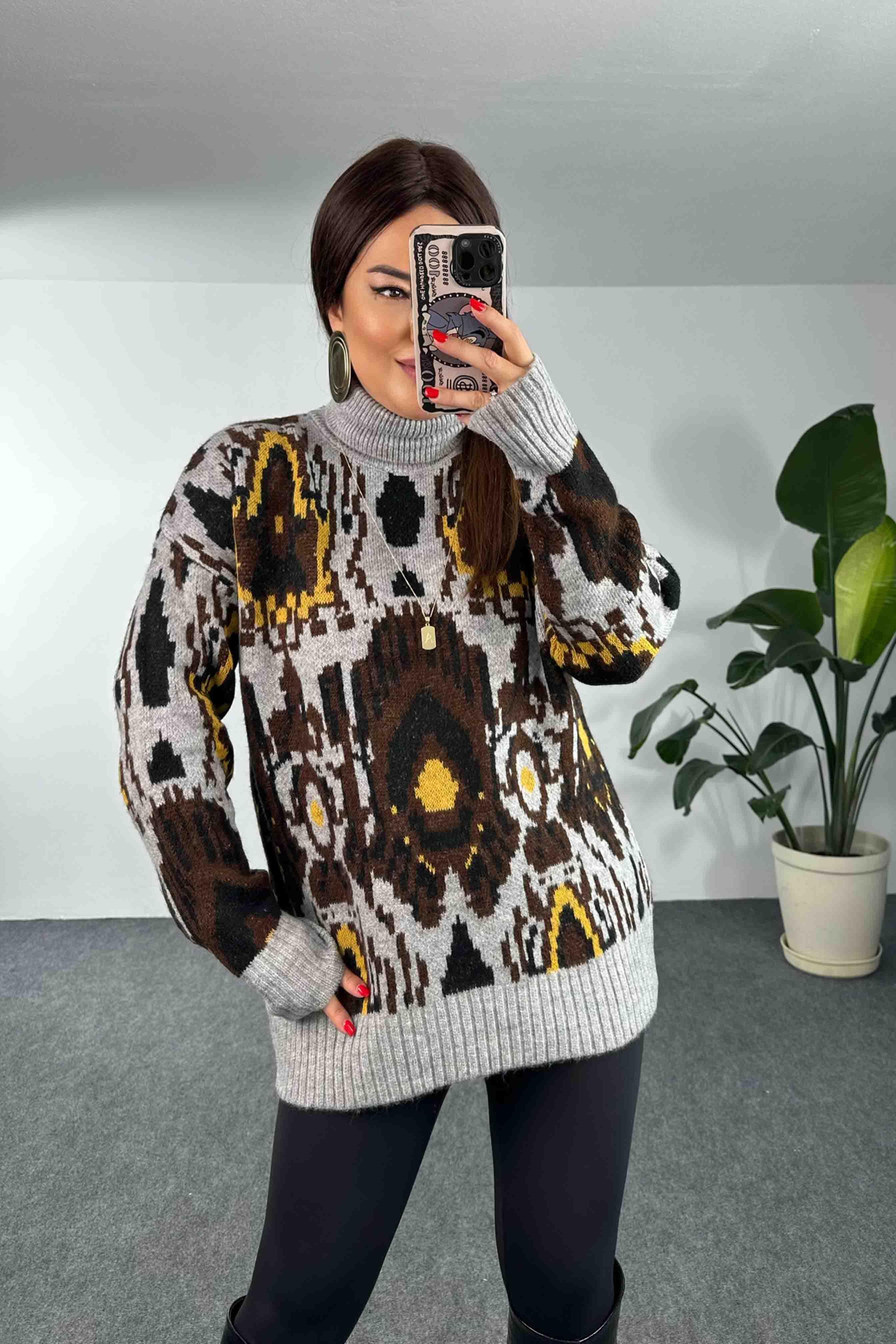 Kalın Sık Örme Balıkçı Yaka Uzun Kazak Kahve