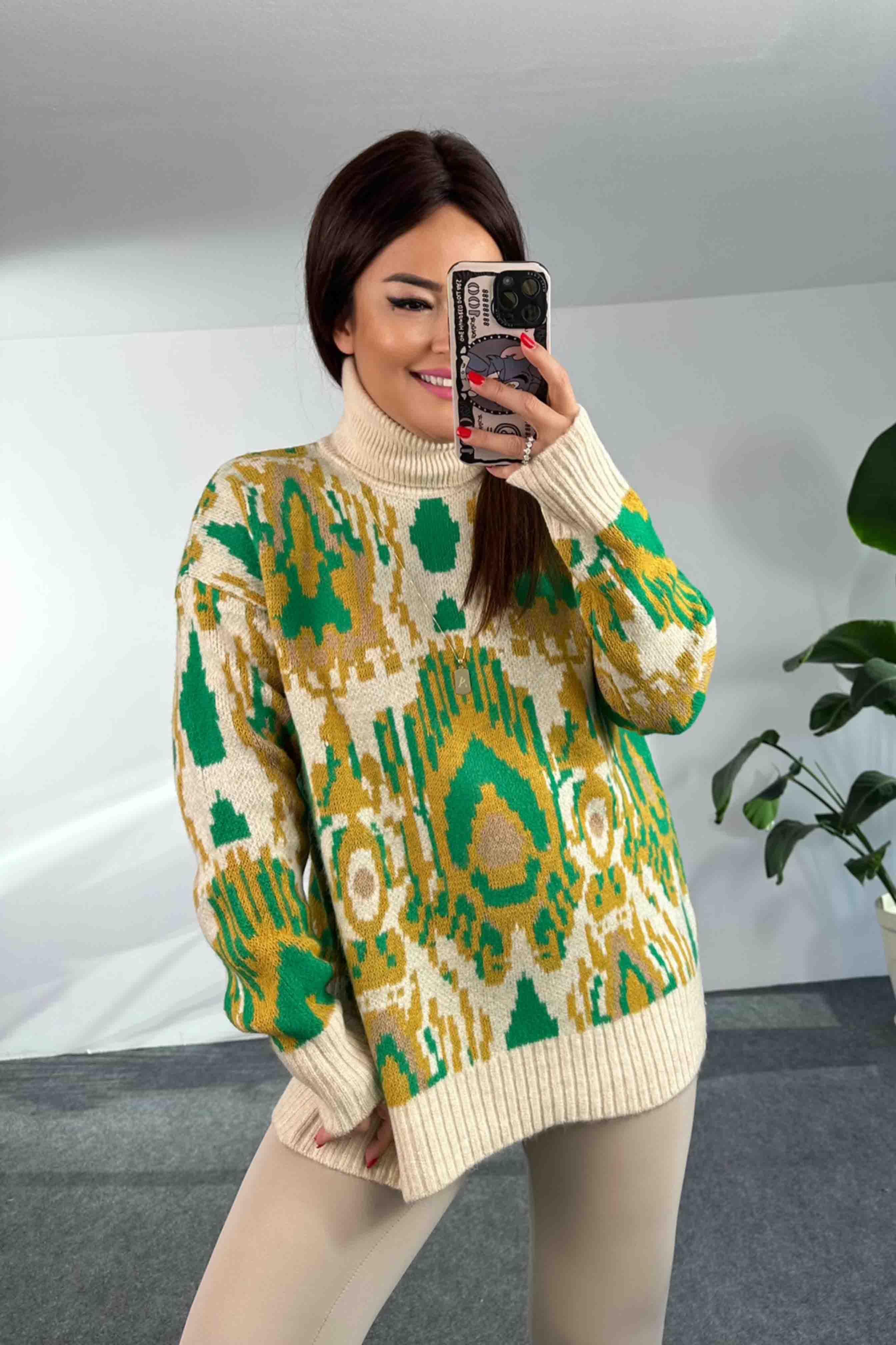 Kalın Sık Örme Balıkçı Yaka Uzun Kazak Hardal