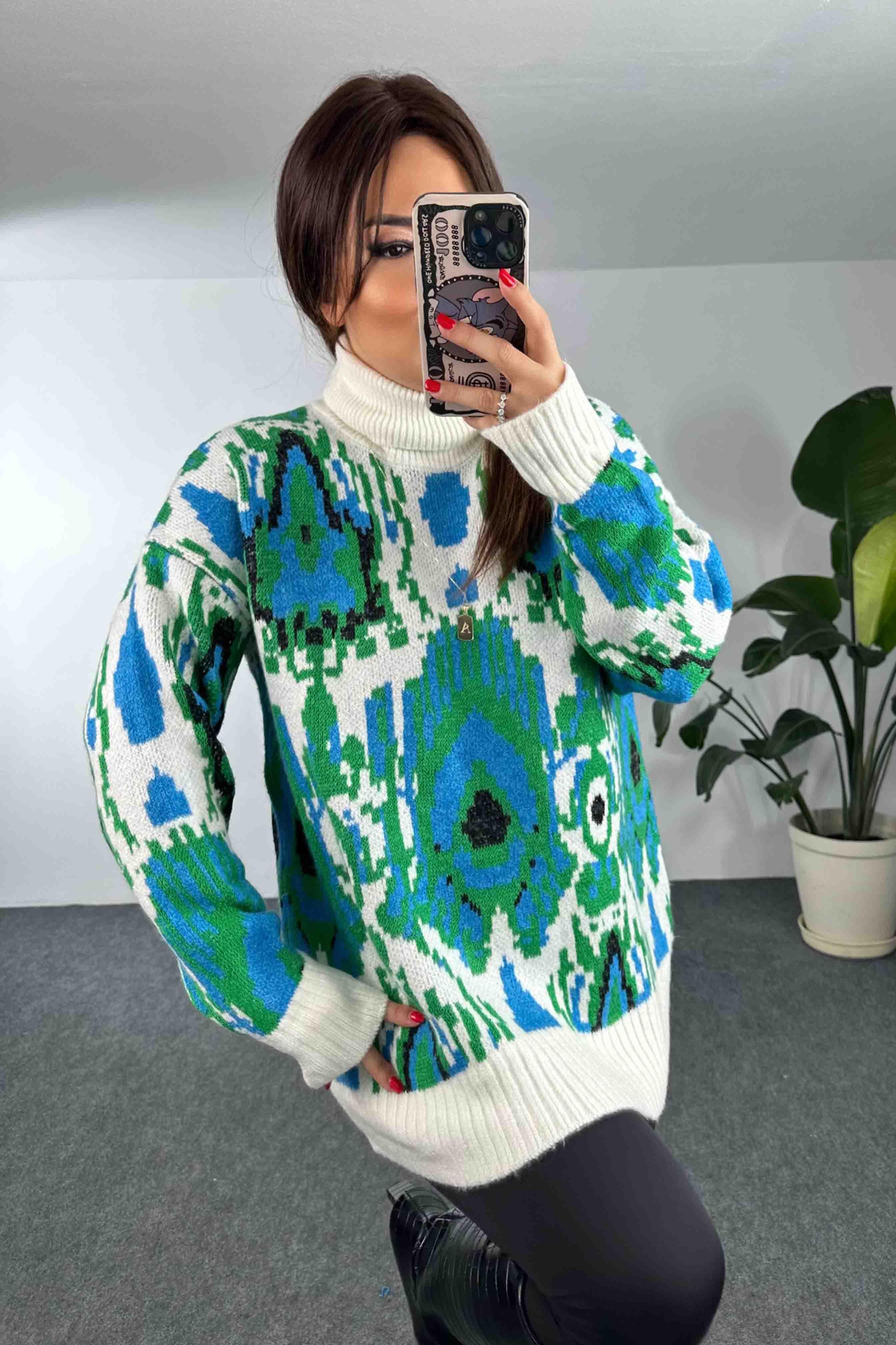 Kalın Sık Örme Balıkçı Yaka Uzun Kazak Yeşil