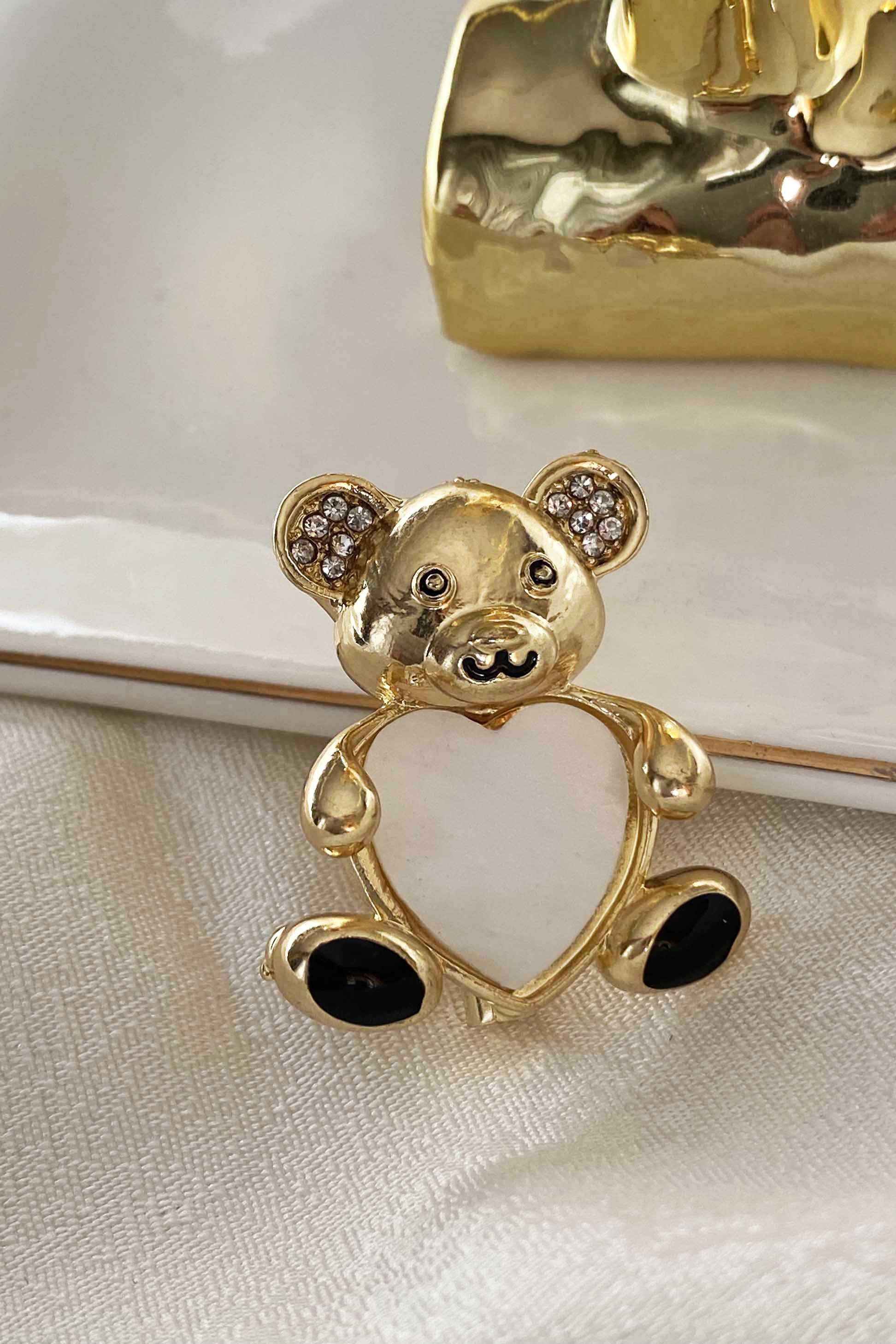 Kalp Resimlik Gold Teddy Broş