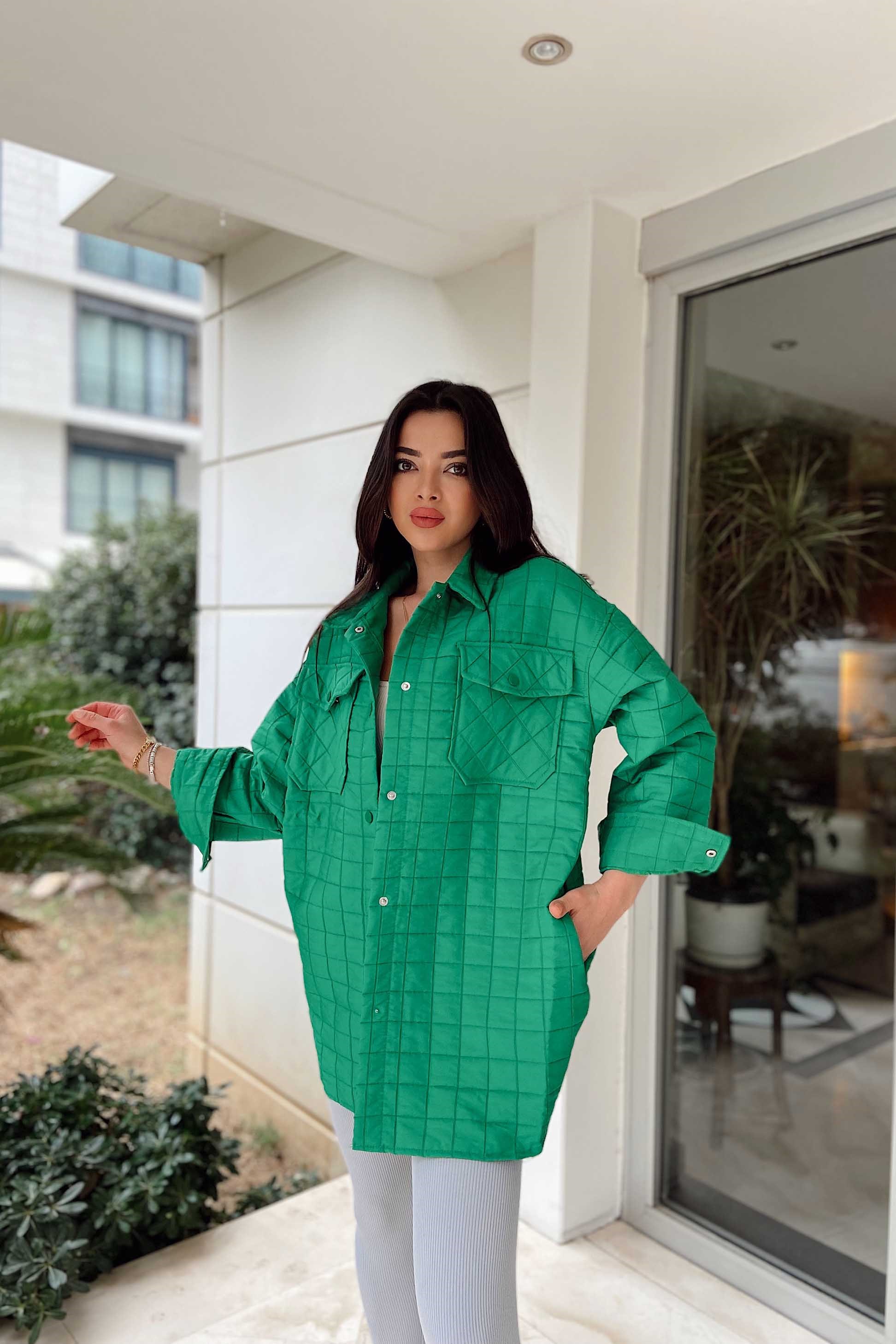 Kapitone Çıtçıtlı İnce Kadın Kaban Yeşil