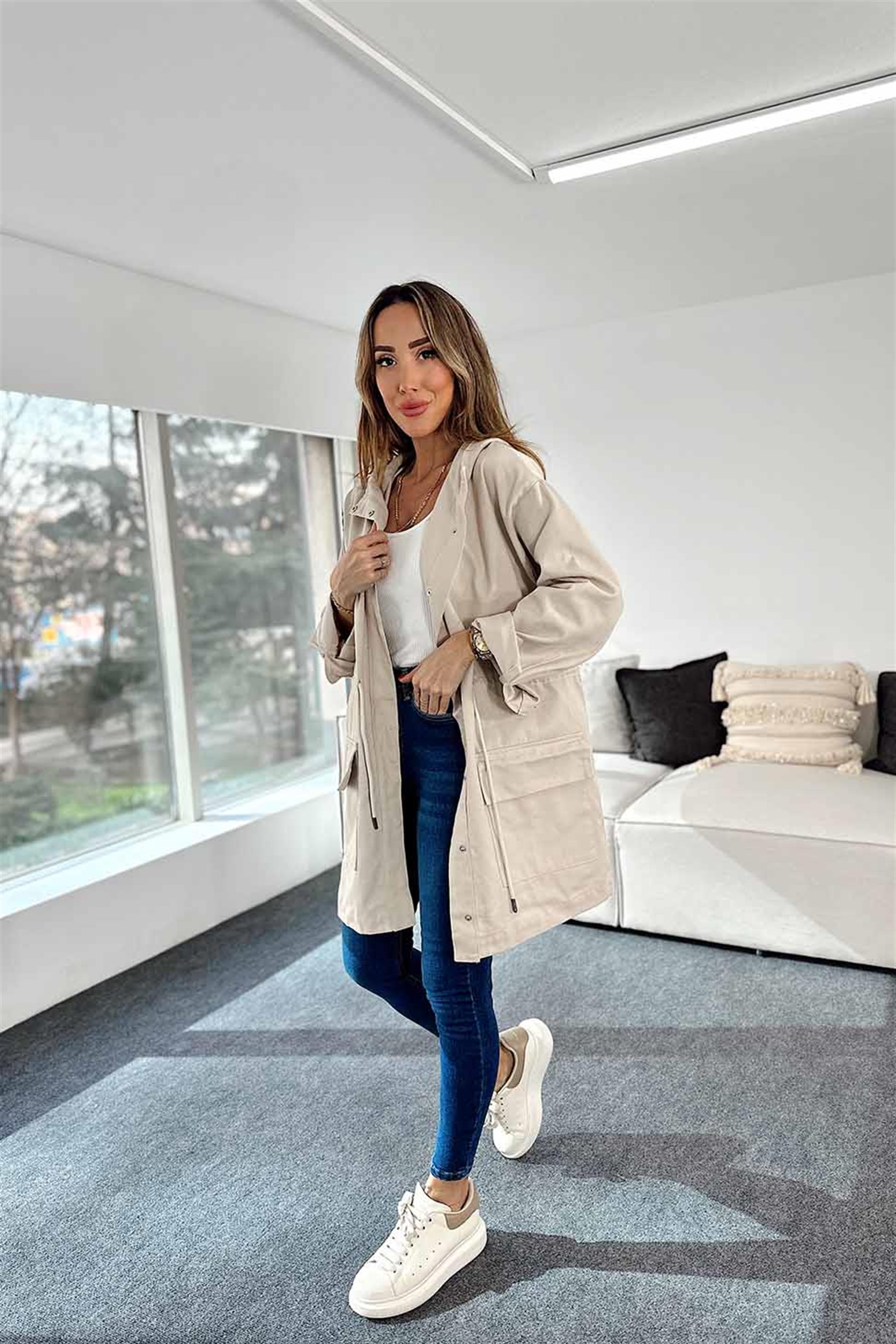 Kapüşonlu Gabardin Trençkot Bej