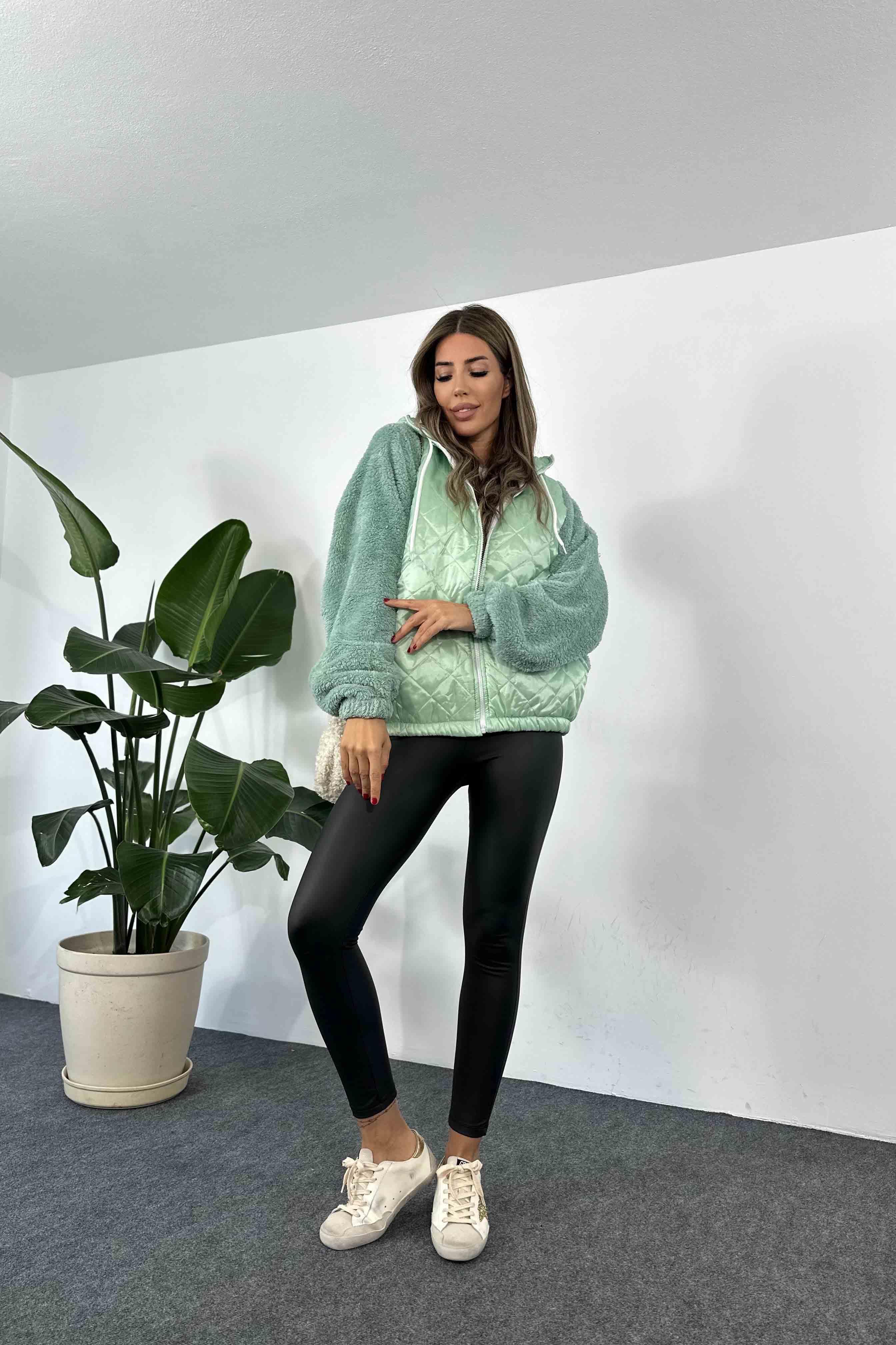 Kapüşonlu Kapitone Peluş Polar Mint