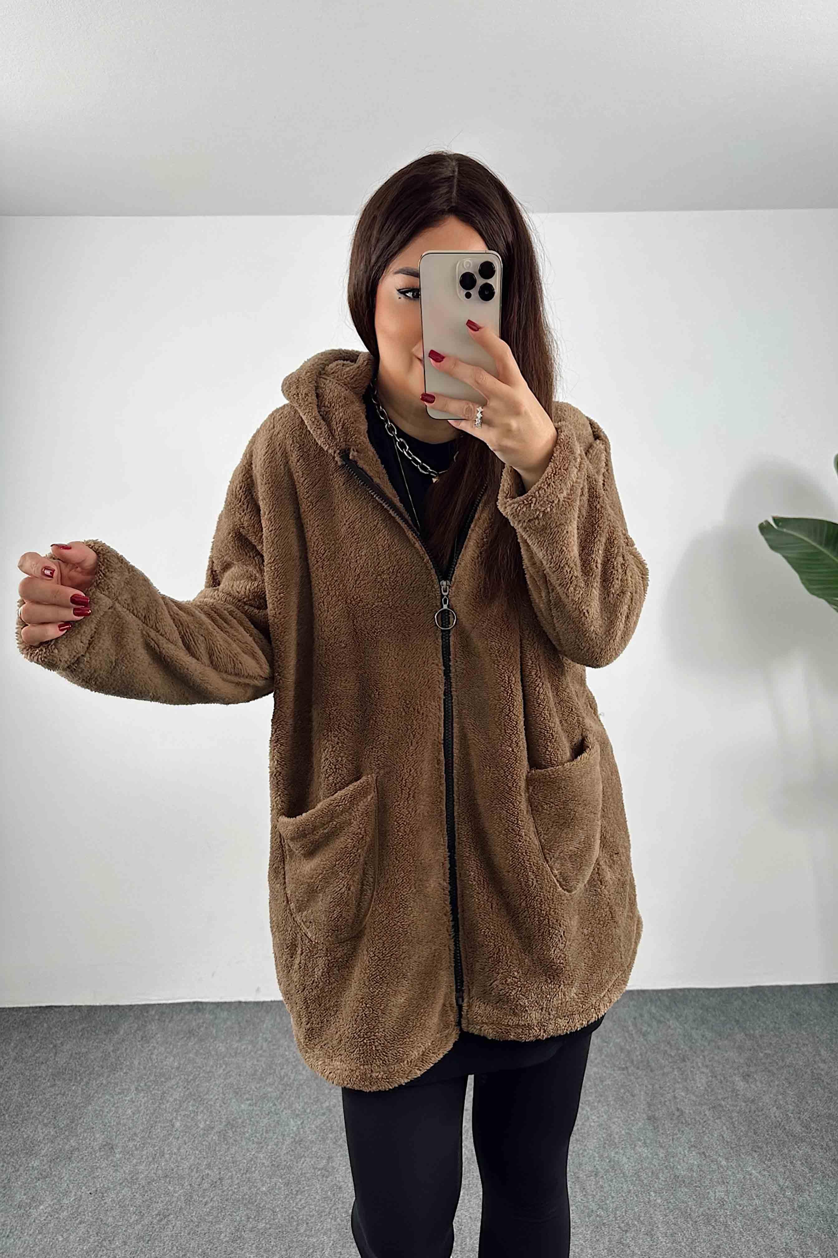 Kapüşonlu Oversize Peluş Mont Kahve