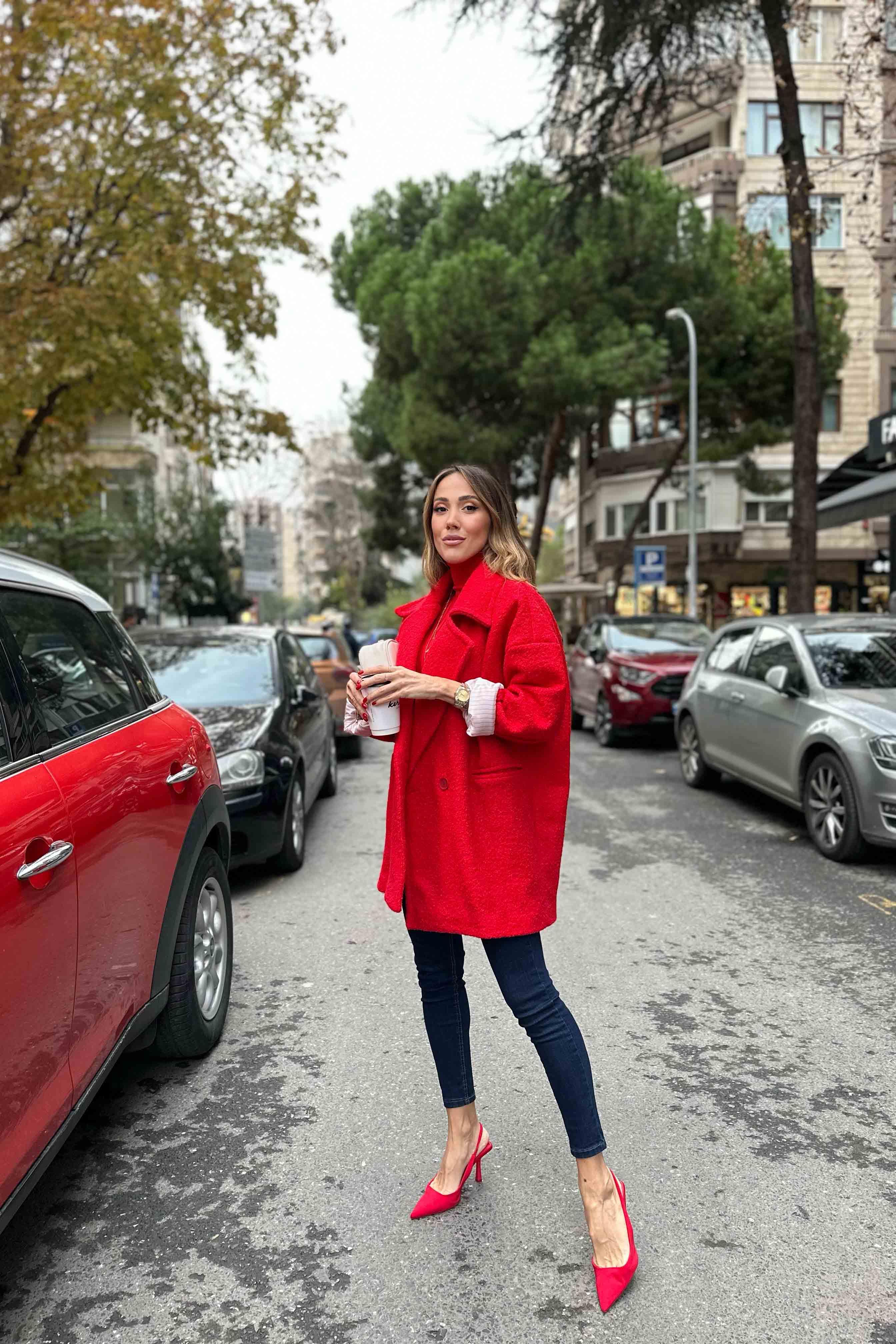 Kaşe Detay Uzun Bürümcük Kaban Kırmızı · 5