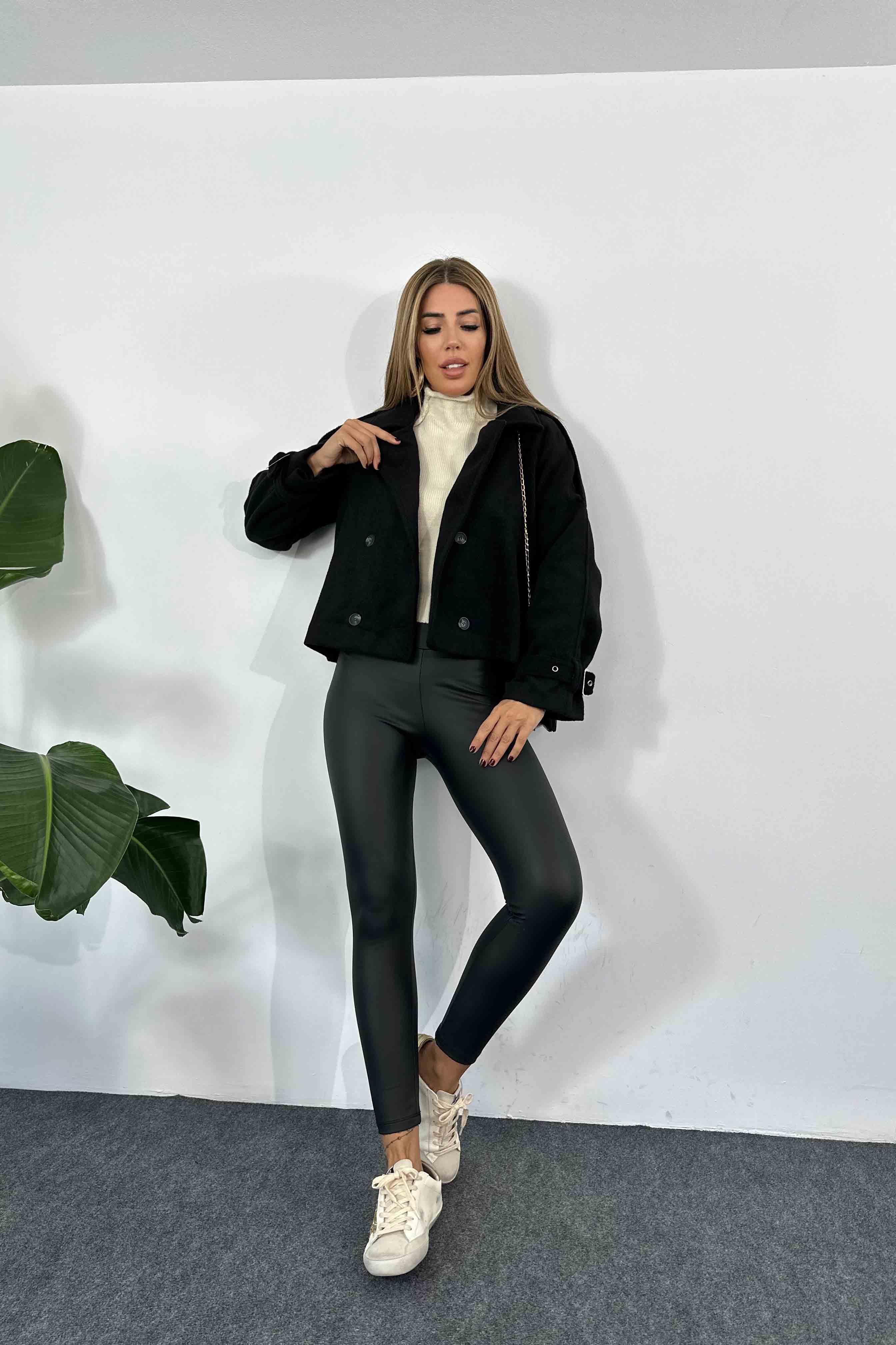 Kaşe Tüylü Kumaş Kısa Kaban Siyah