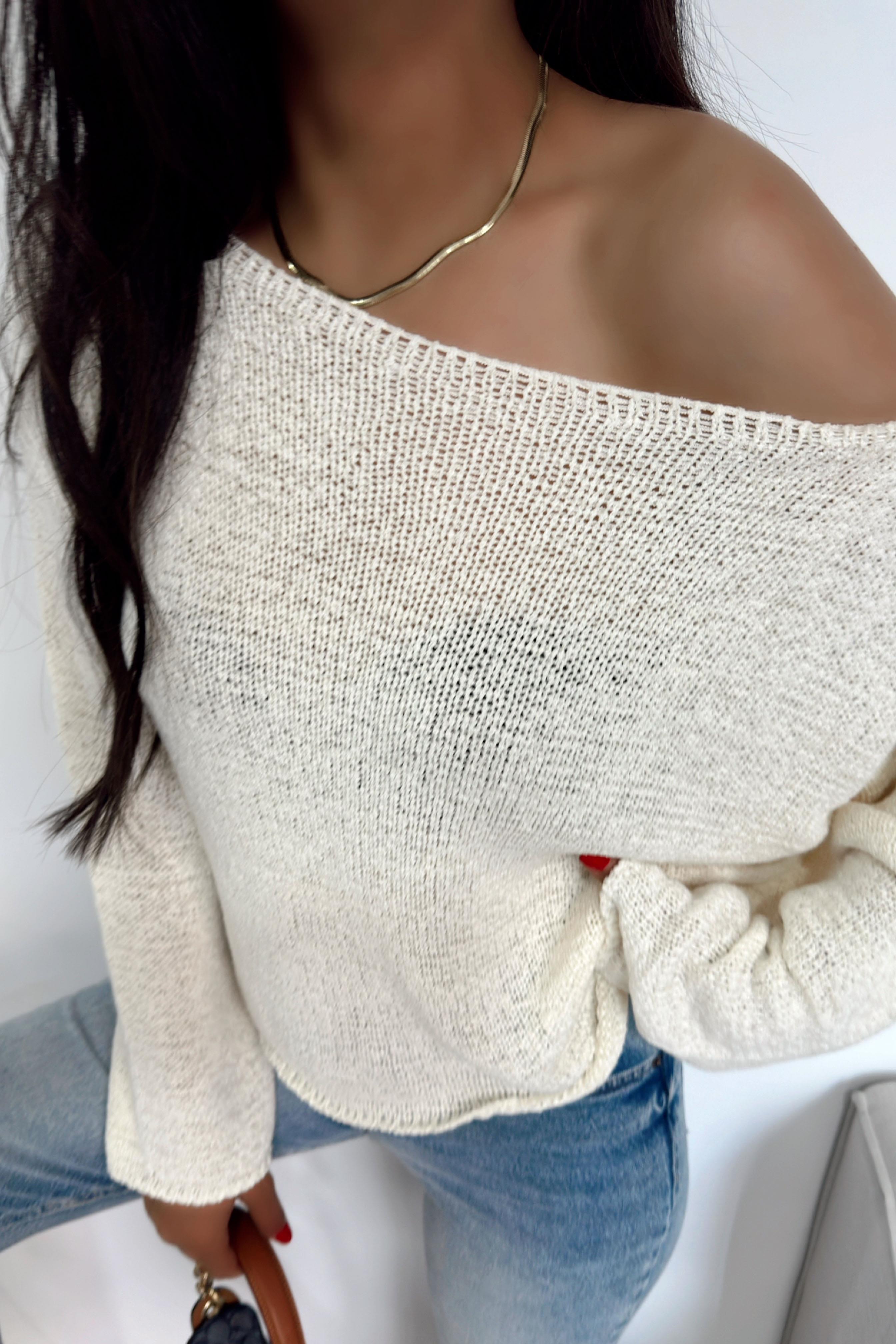 Kayık Yaka Triko Kazak Ekru