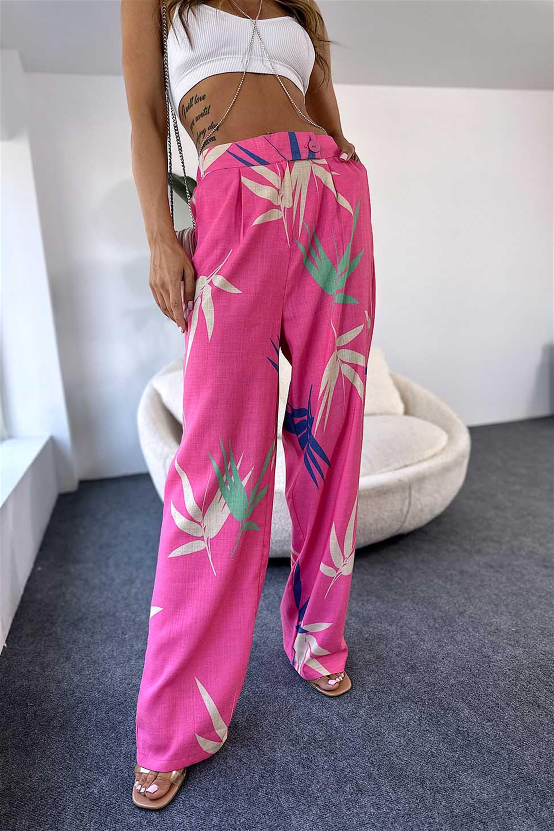 Keten Dokulu Çiçek Detay Beli Lastikli Bol Paça Pantolon Pembe · 6