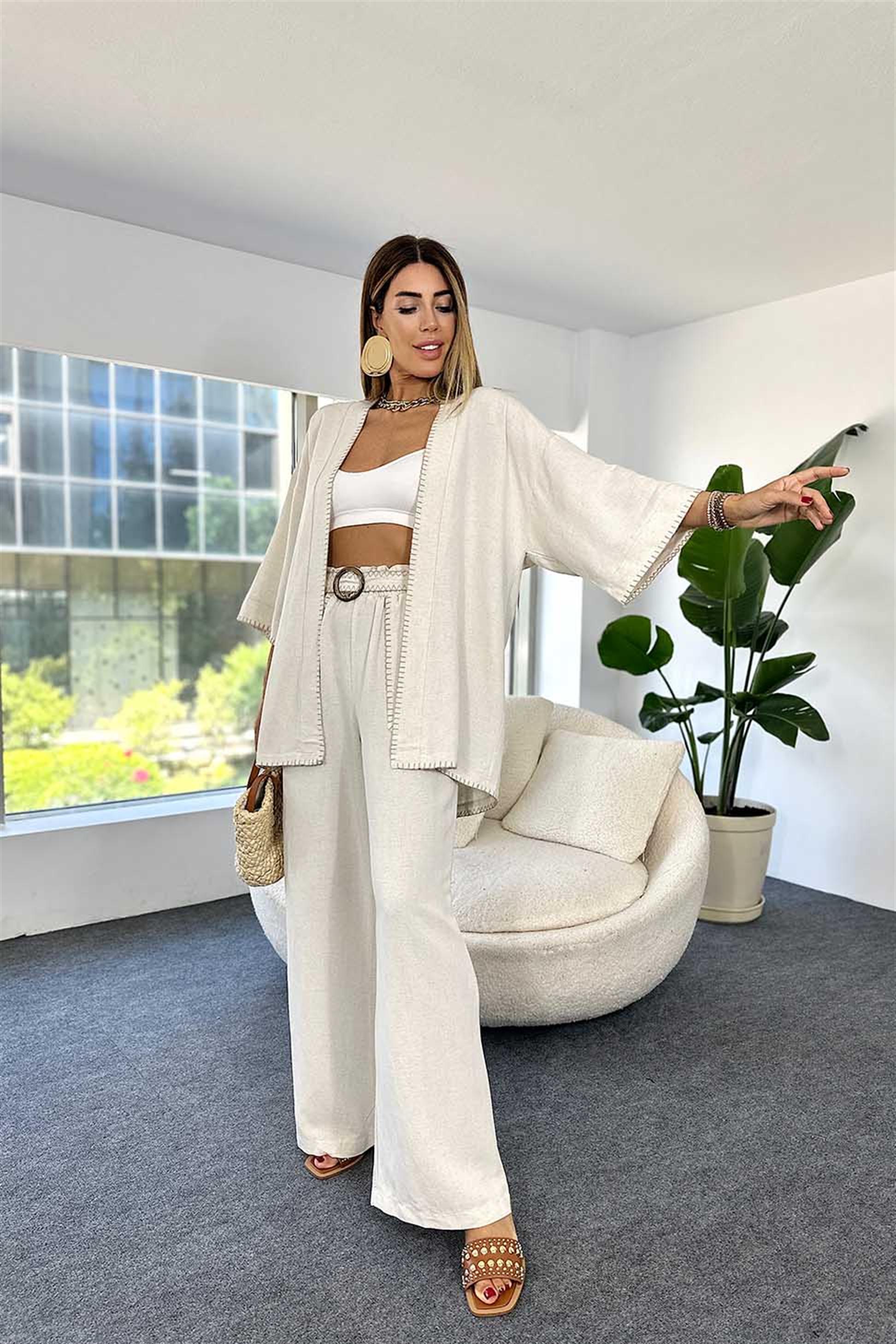 Keten Dokulu Kontras Dikişli Kimono Taş