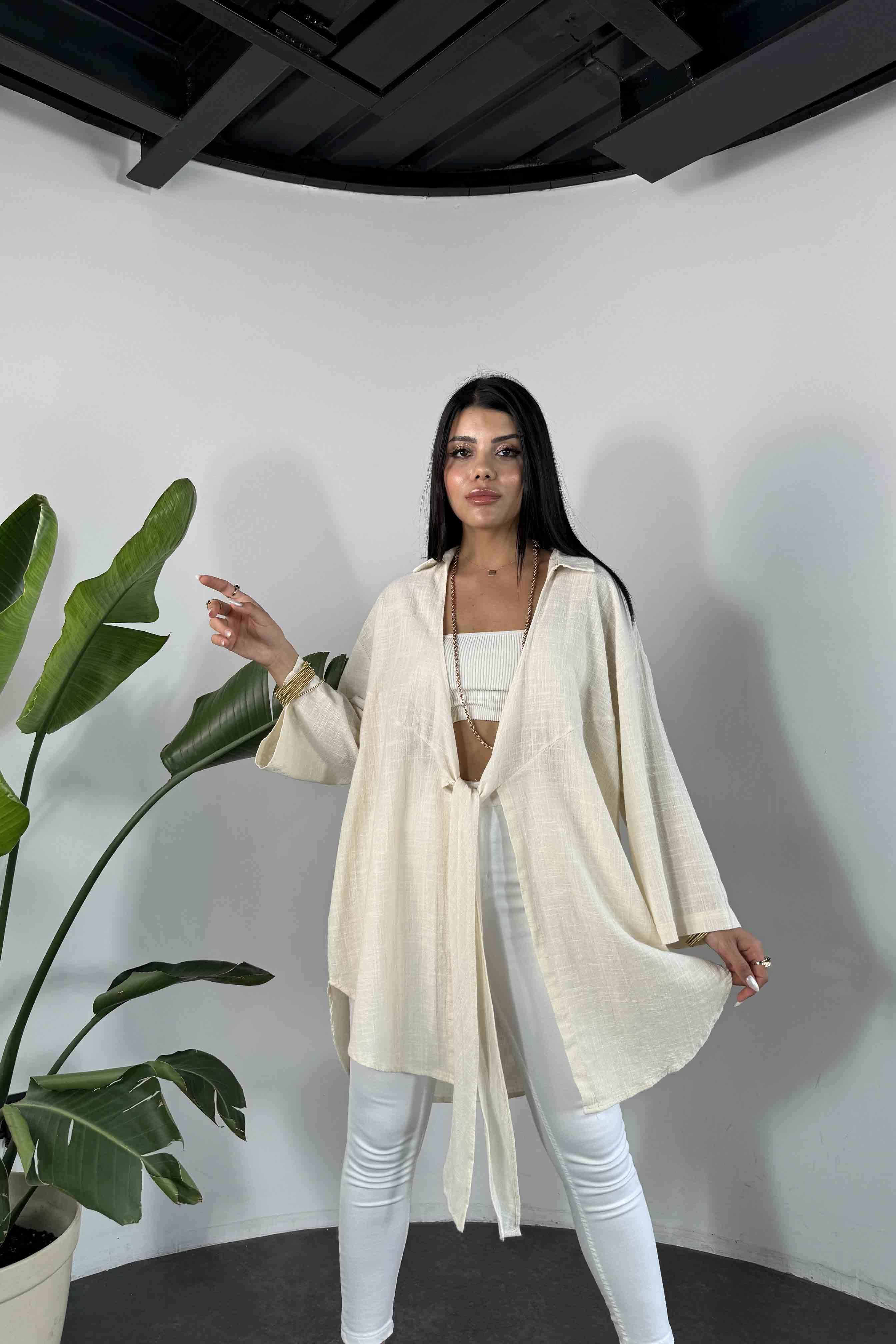 Keten Dokulu Önden Bağlamalı Kadın Kimono Taş