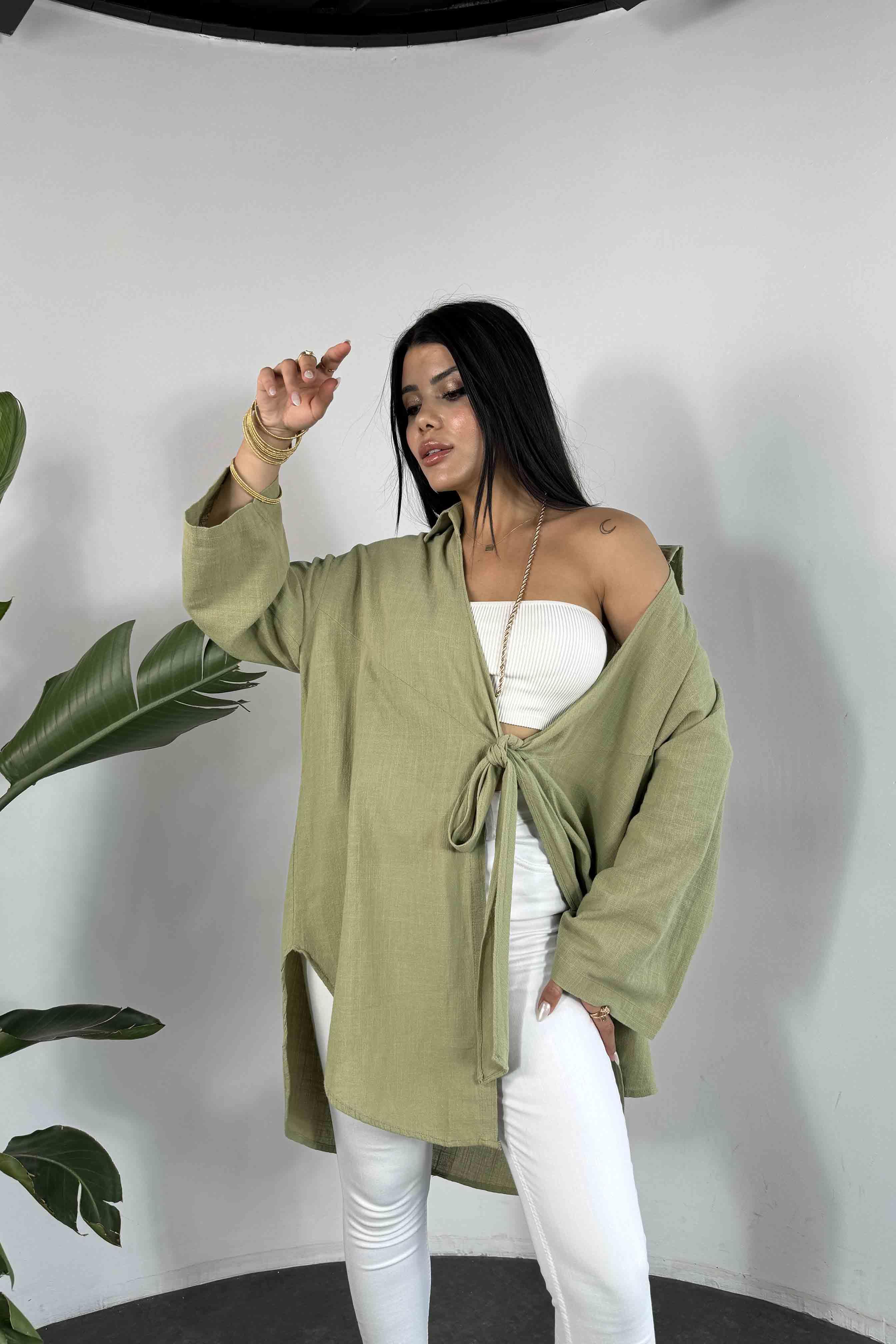 Keten Dokulu Önden Bağlamalı Kadın Kimono Haki