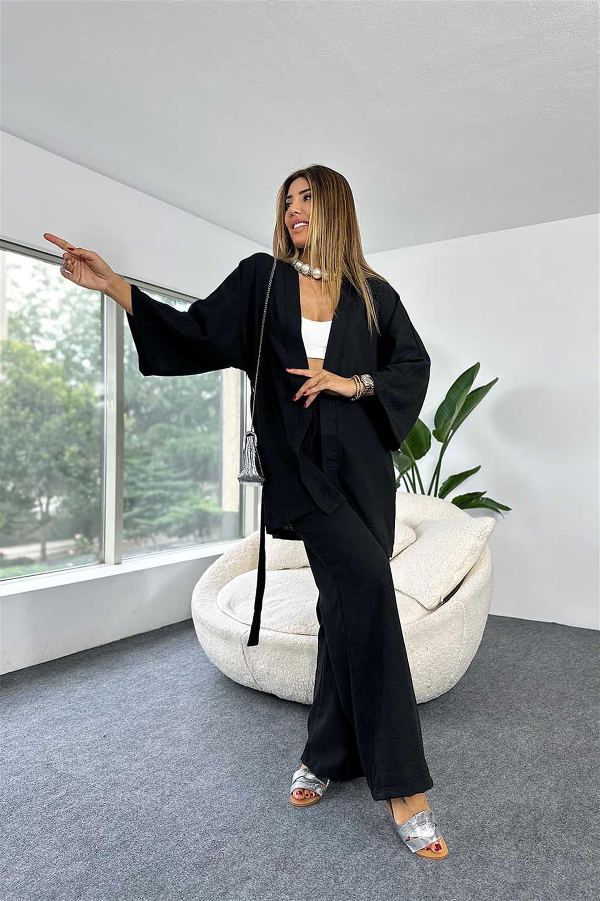 Keten Dokulu Salaş Kimono Pantalon Kadın Takım Siyah