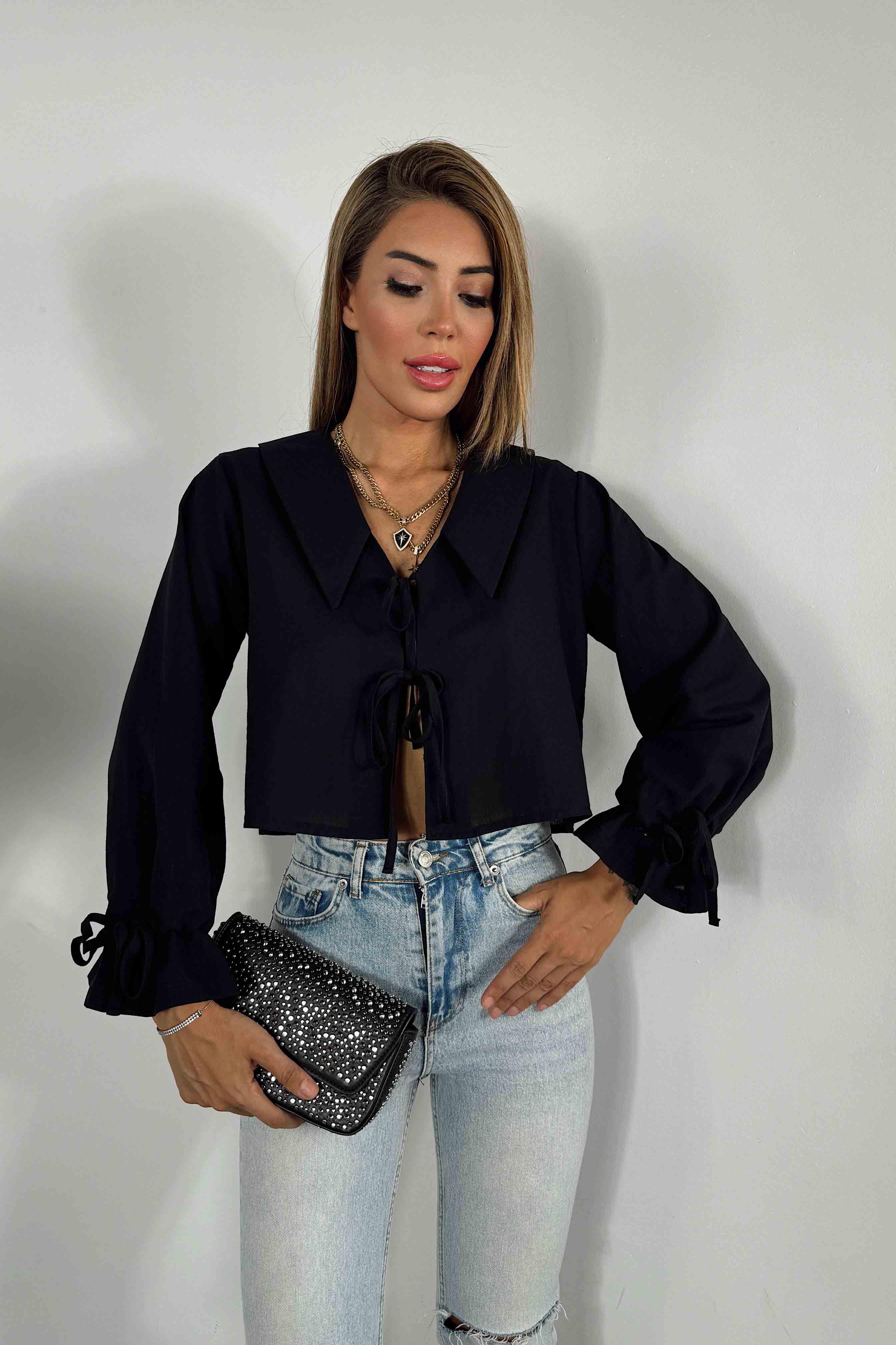 Keten Karışımlı Önü Bağlamalı Crop Gömlek Siyah