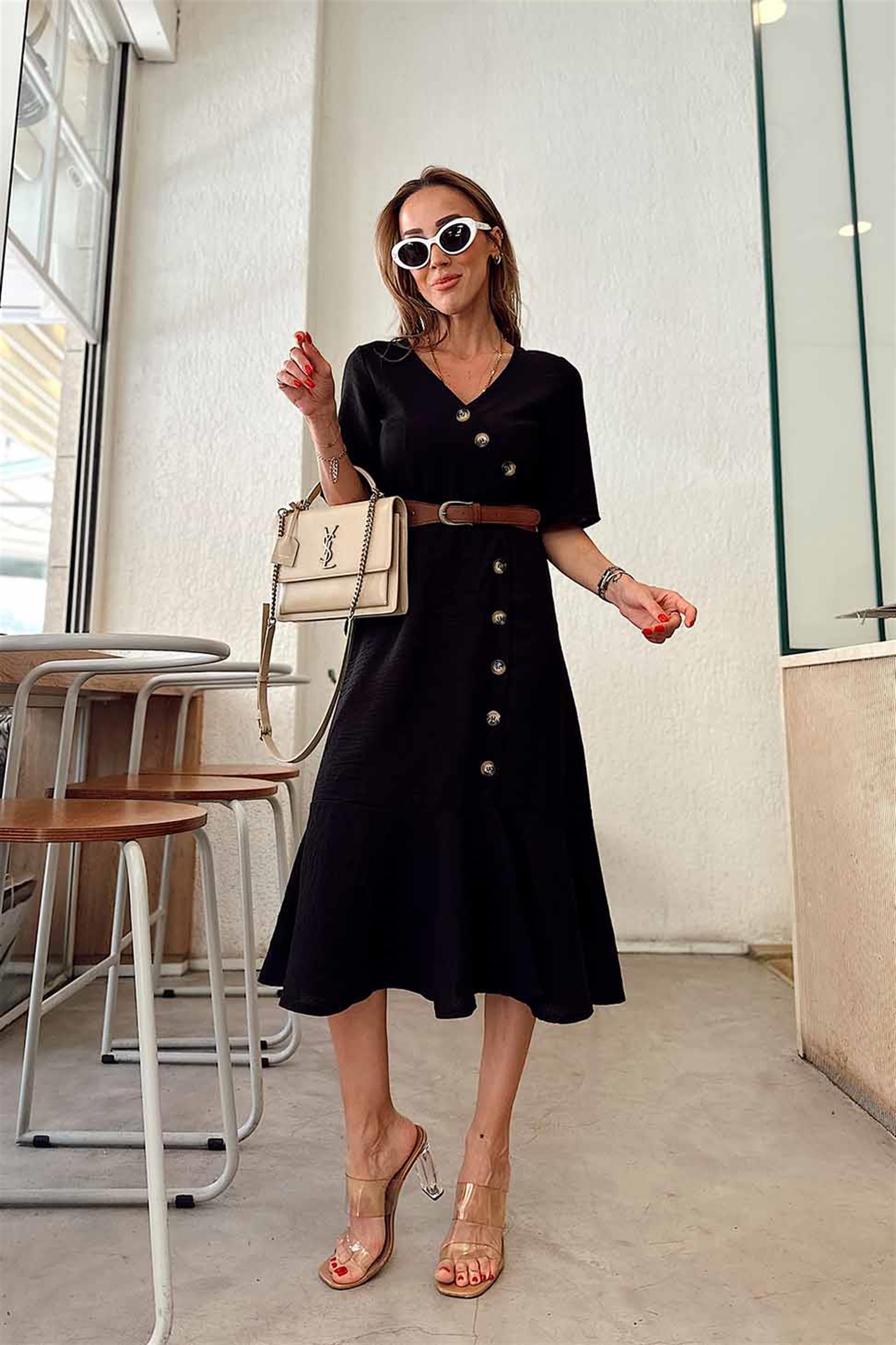 Keten Kumaş Astarlı Hasır Kemerli Midi Elbise Siyah