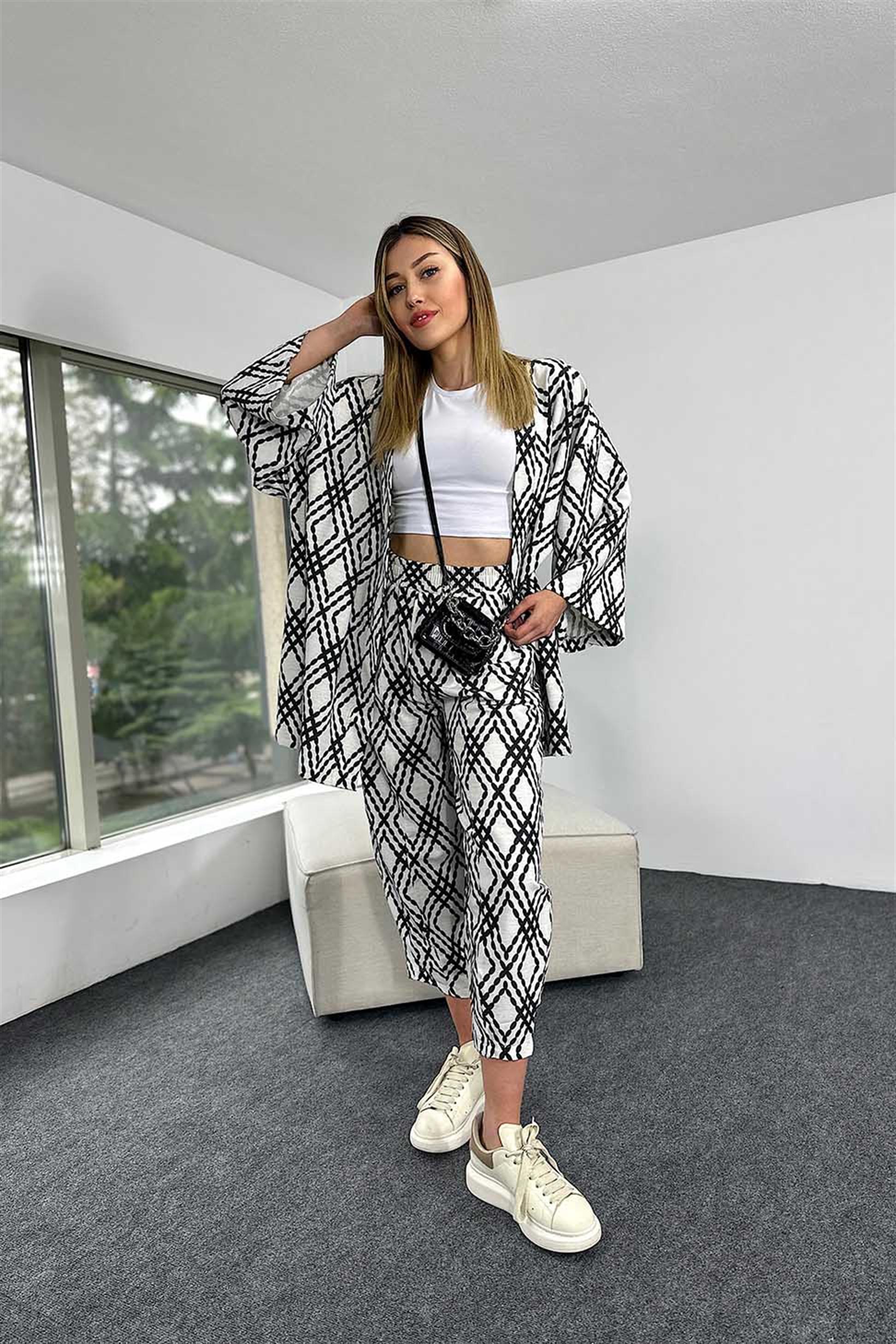 Keten Kumaş Desenli Kimono KAdın Takım Siyah