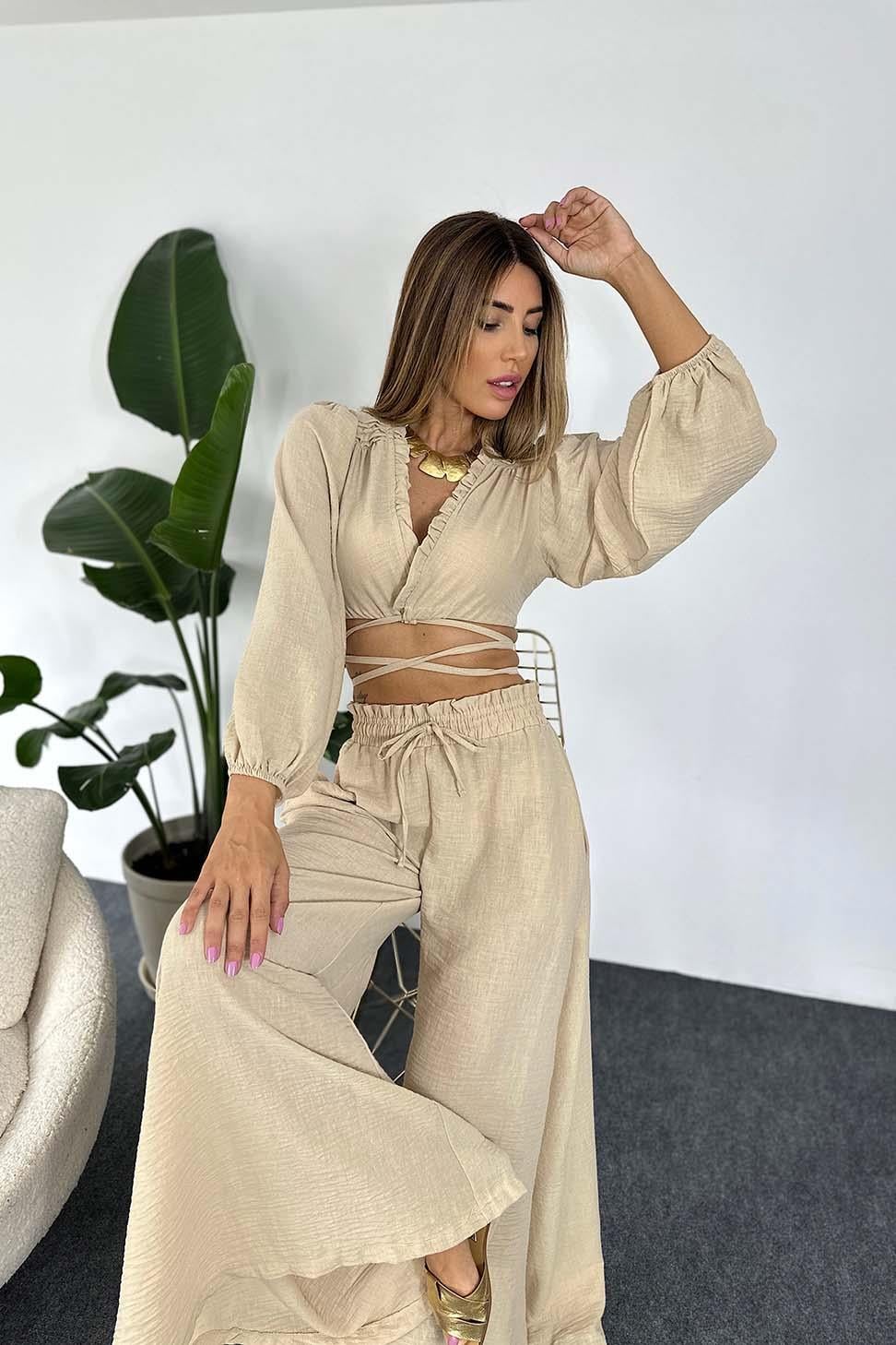 Keten Kumaş Fırfır Yaka Crop Geniş Paça Pantolon Kadın Takım Bej · 6