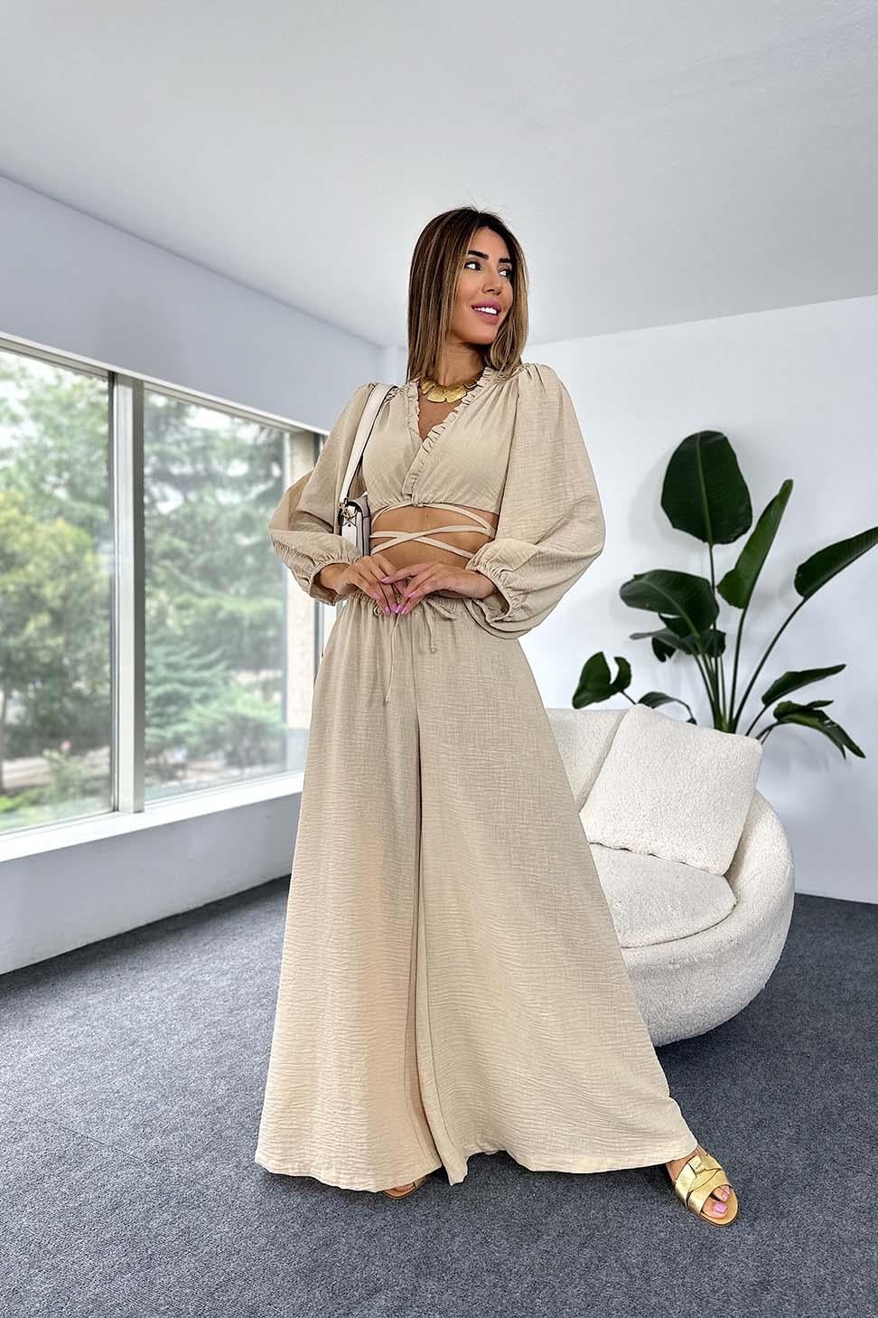 Keten Kumaş Fırfır Yaka Crop Geniş Paça Pantolon Kadın Takım Bej · 11