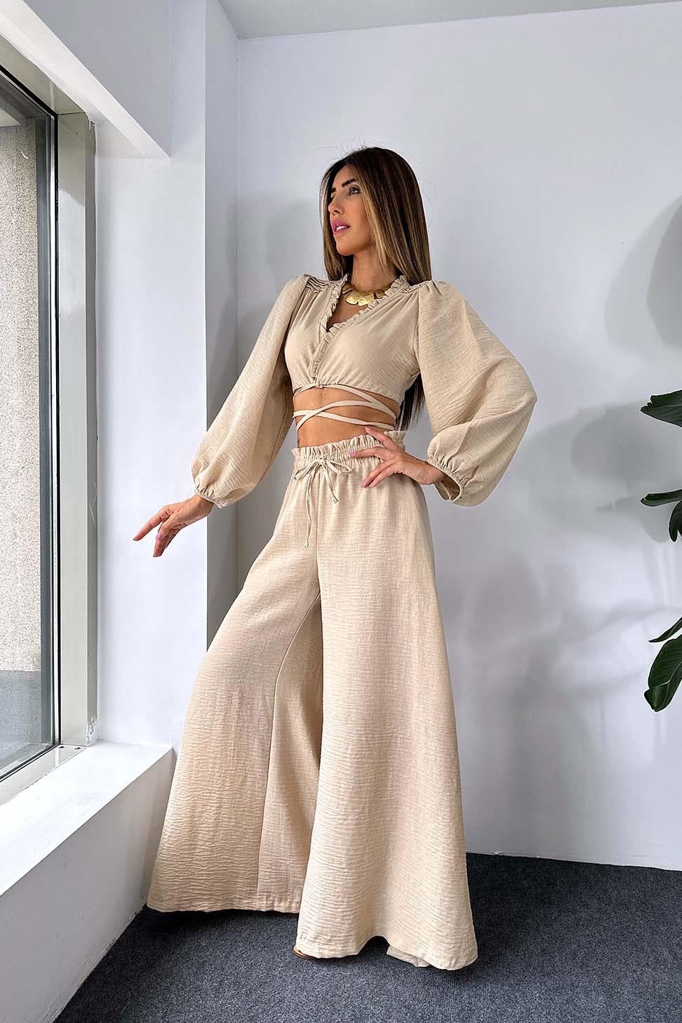 Keten Kumaş Fırfır Yaka Crop Geniş Paça Pantolon Kadın Takım Bej · 5