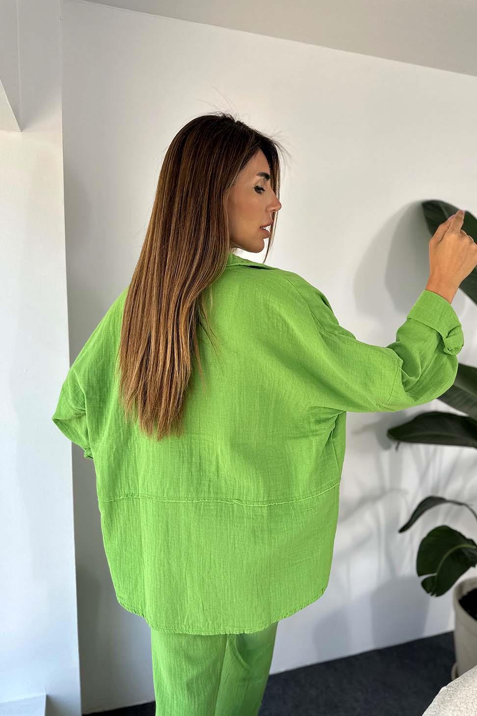 Keten Kumaş Gömlek Pantolon İkili Kadın Takım Yeşil · 3