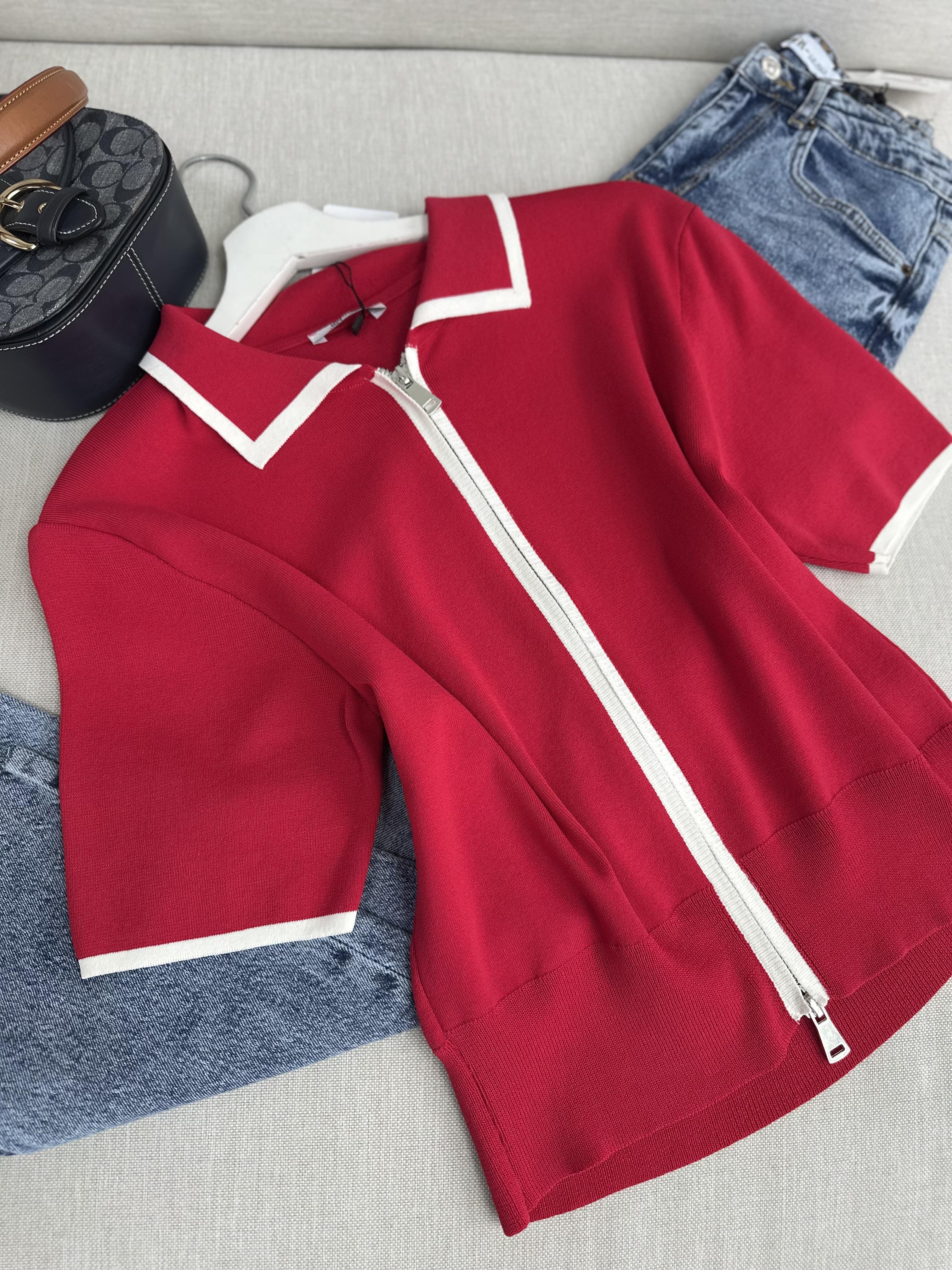 Kırmızı Biye Geçişli Çift Fermuarlı Tok Merserize Hırka