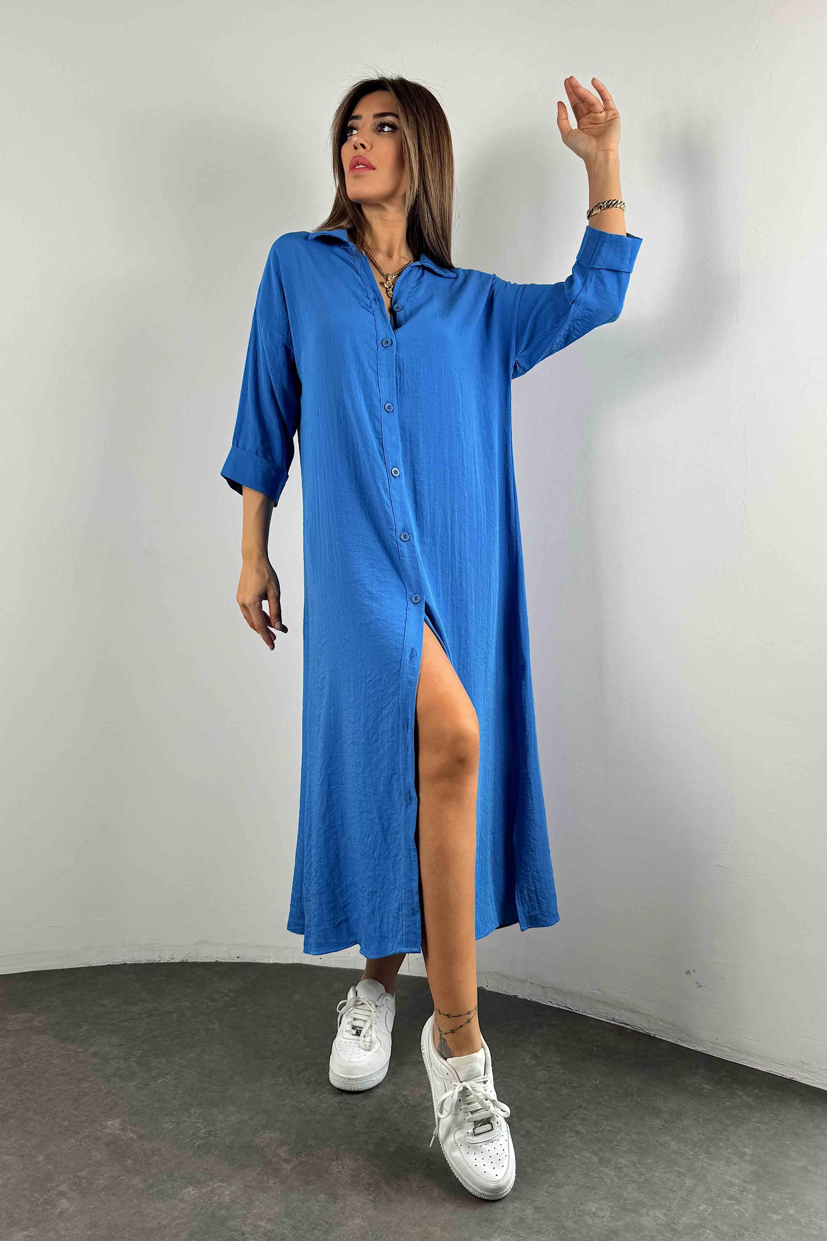 Kolları Katlamalı Gömlek Elbise Saks Mavisi