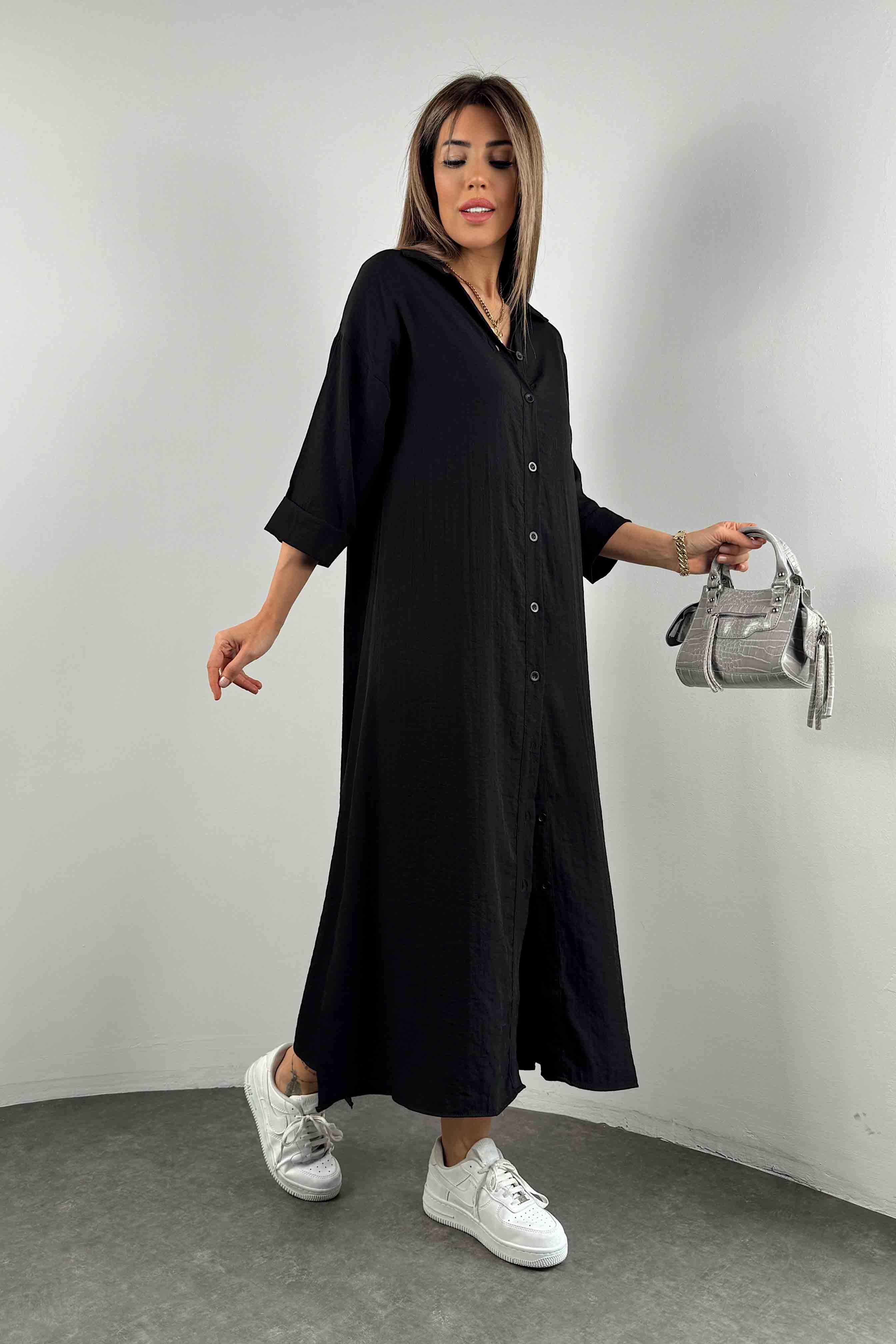Kolları Katlamalı Gömlek Elbise Siyah