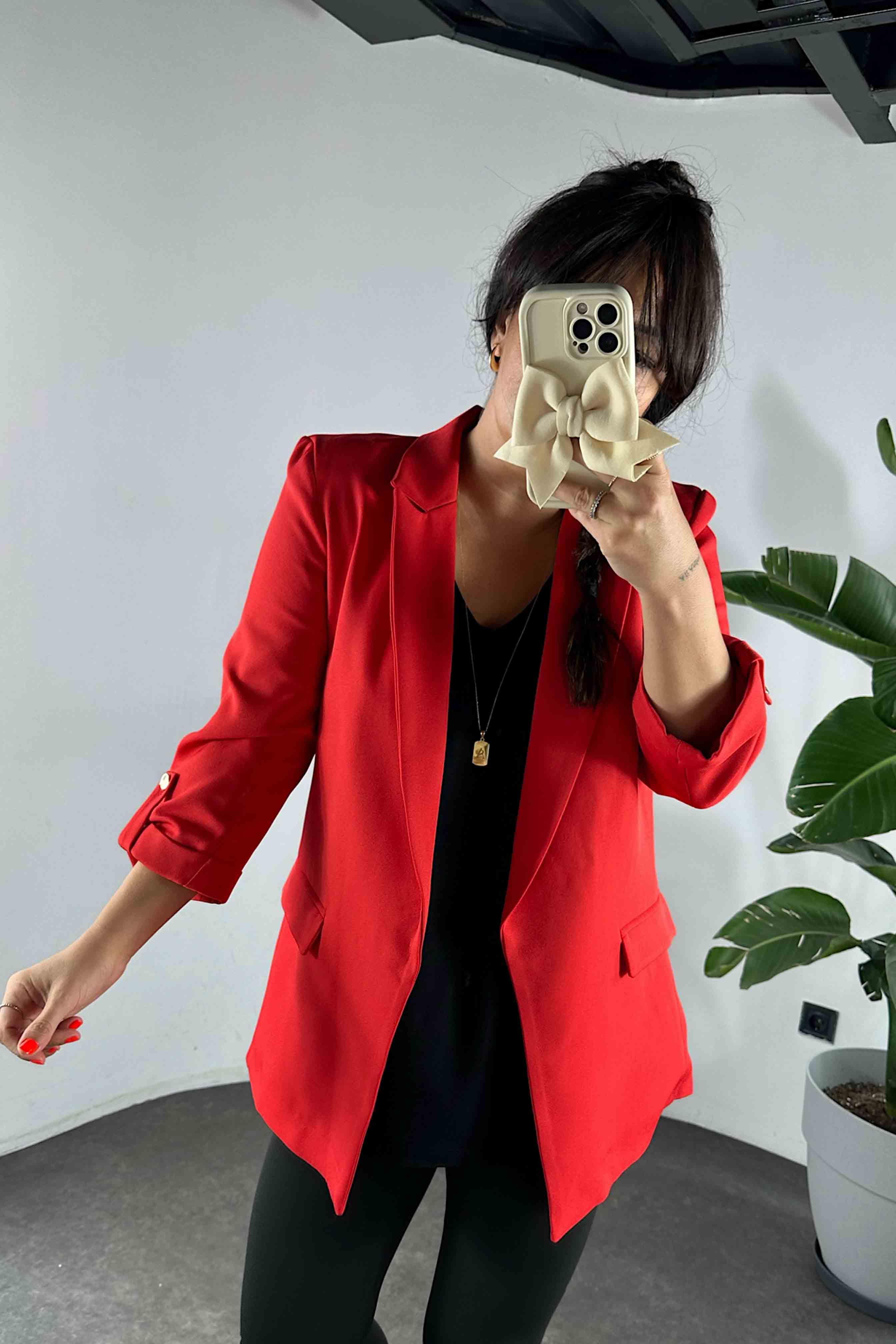 Kolu Katlamalı Blazer Kadın Ceket Kırmızı