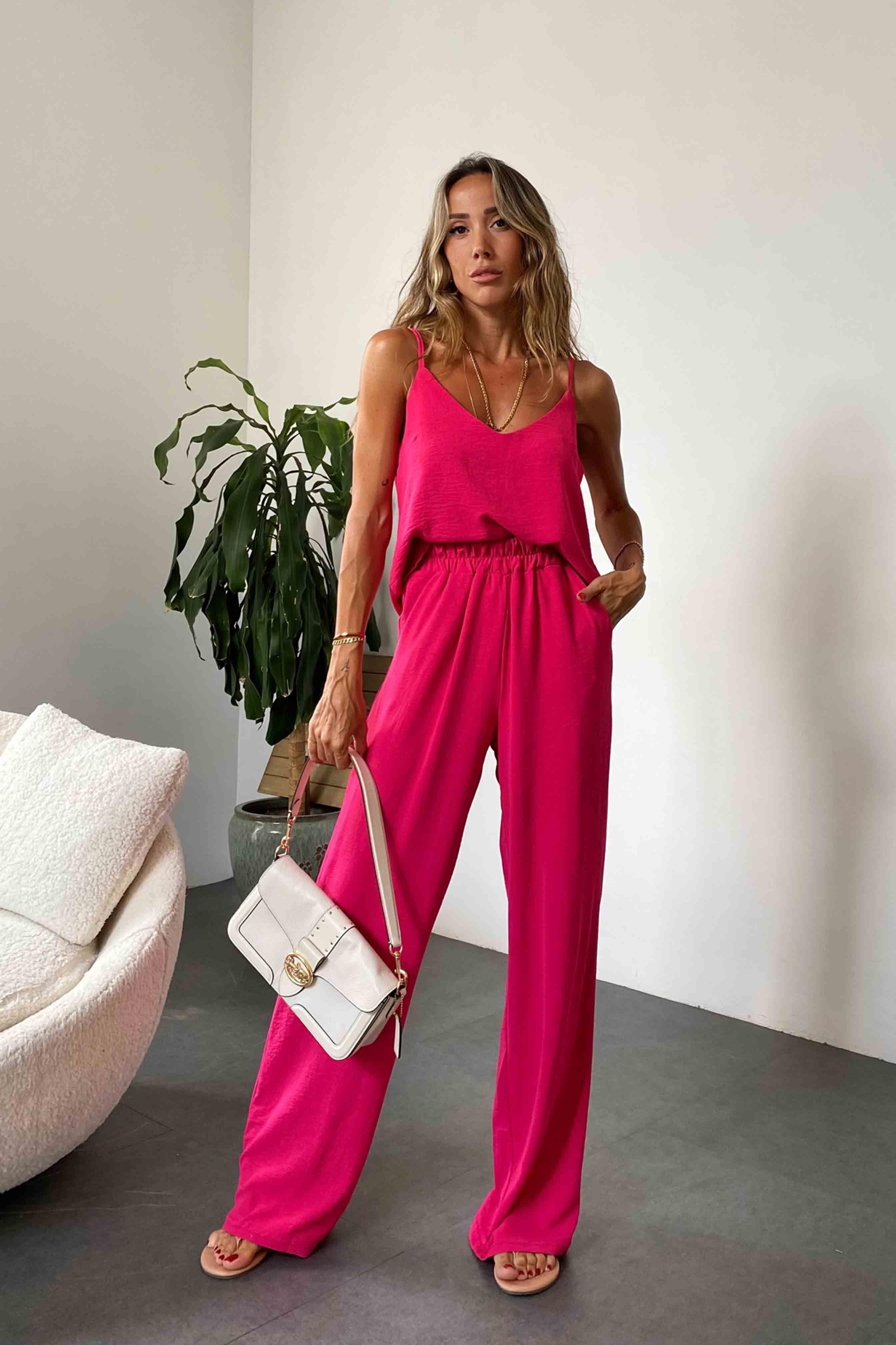 Krep Kumaş Askılı Bluz Pantolon Takım Fuşya