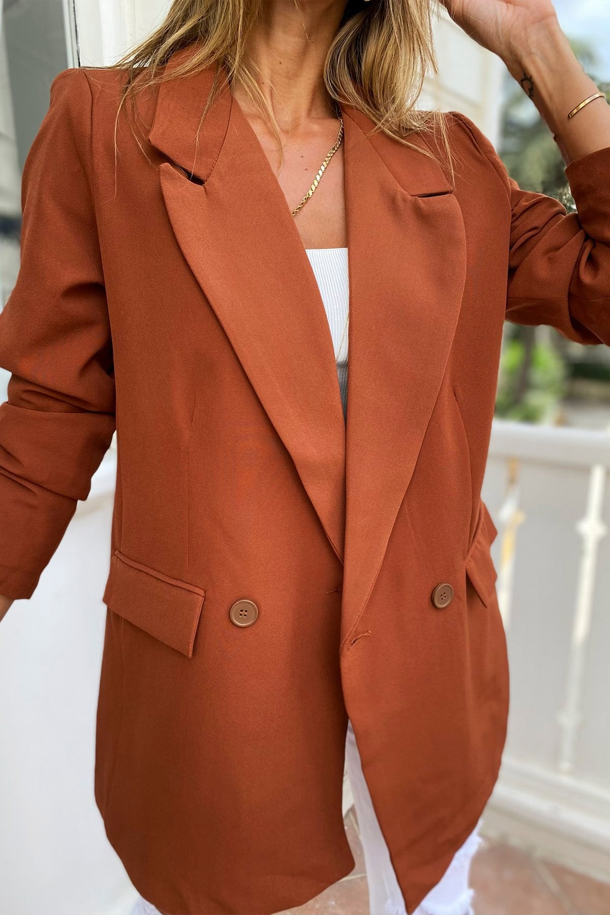 Krep Kumaş Astarlı Çift Düğme Blazer Ceket Kiremit · 8
