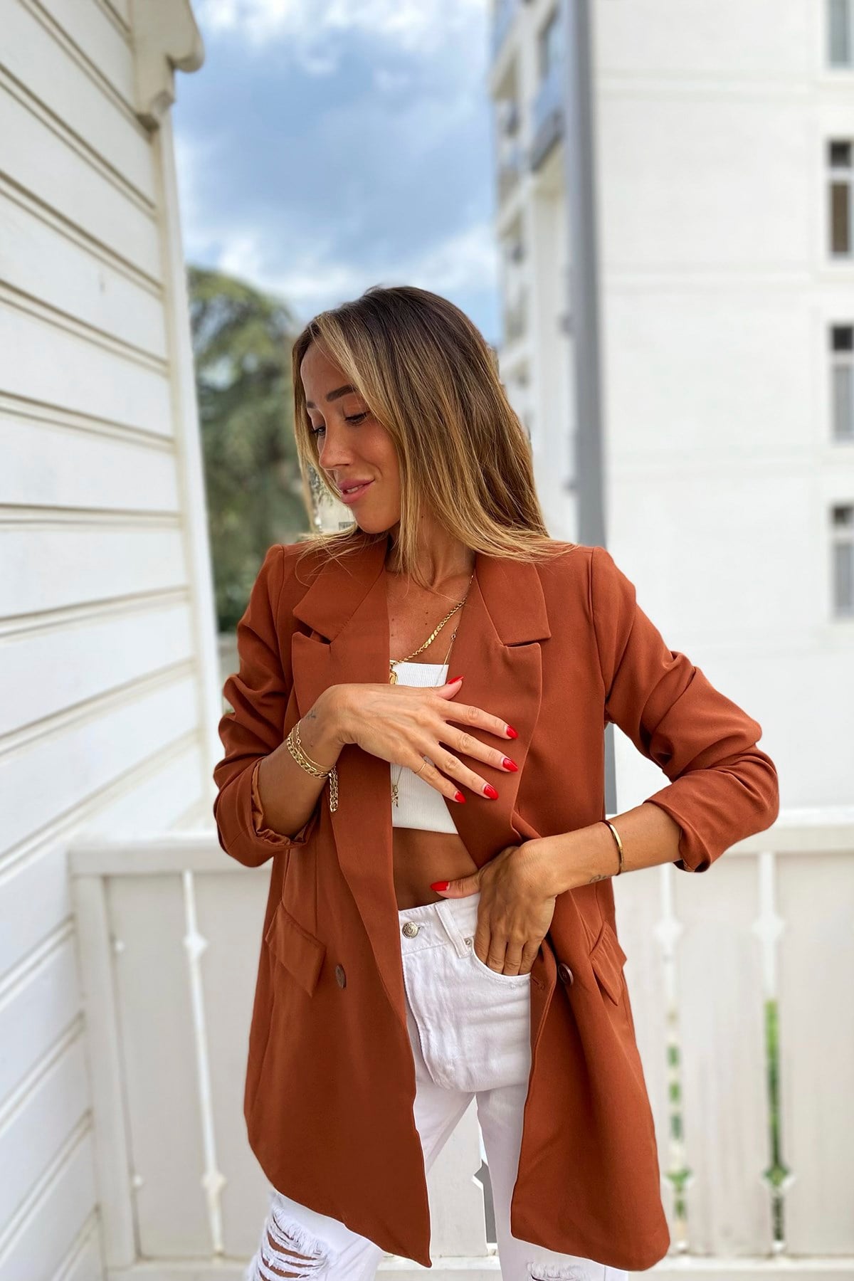 Krep Kumaş Astarlı Çift Düğme Blazer Ceket Kiremit · 6