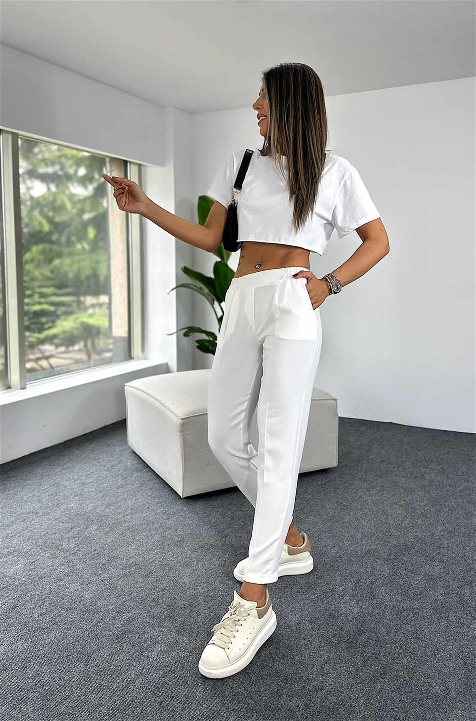 Krep Kumaş Beli Lastikli Duble Paça Pantolon Ekru · 6