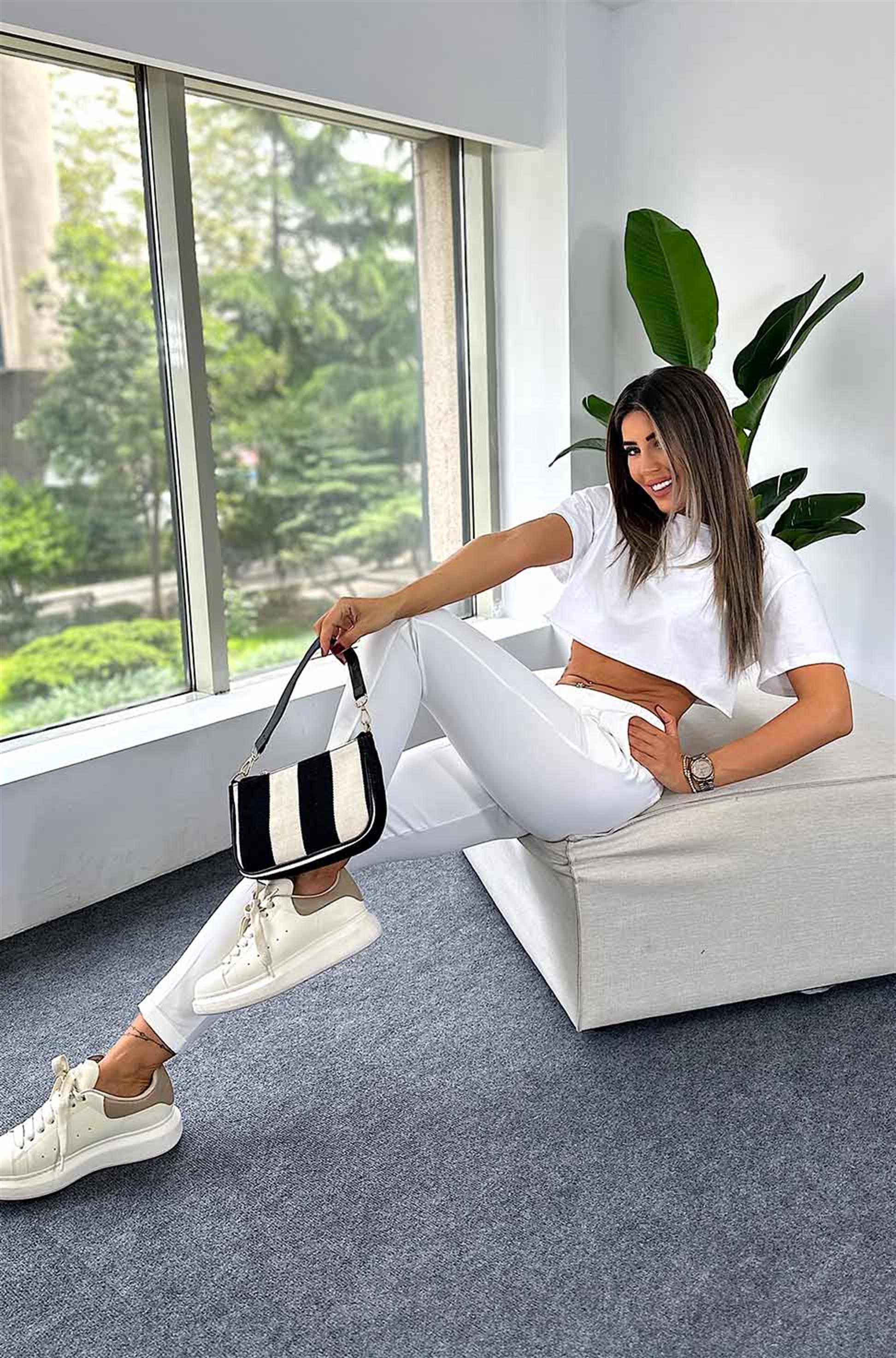 Krep Kumaş Beli Lastikli Duble Paça Pantolon Ekru · 7