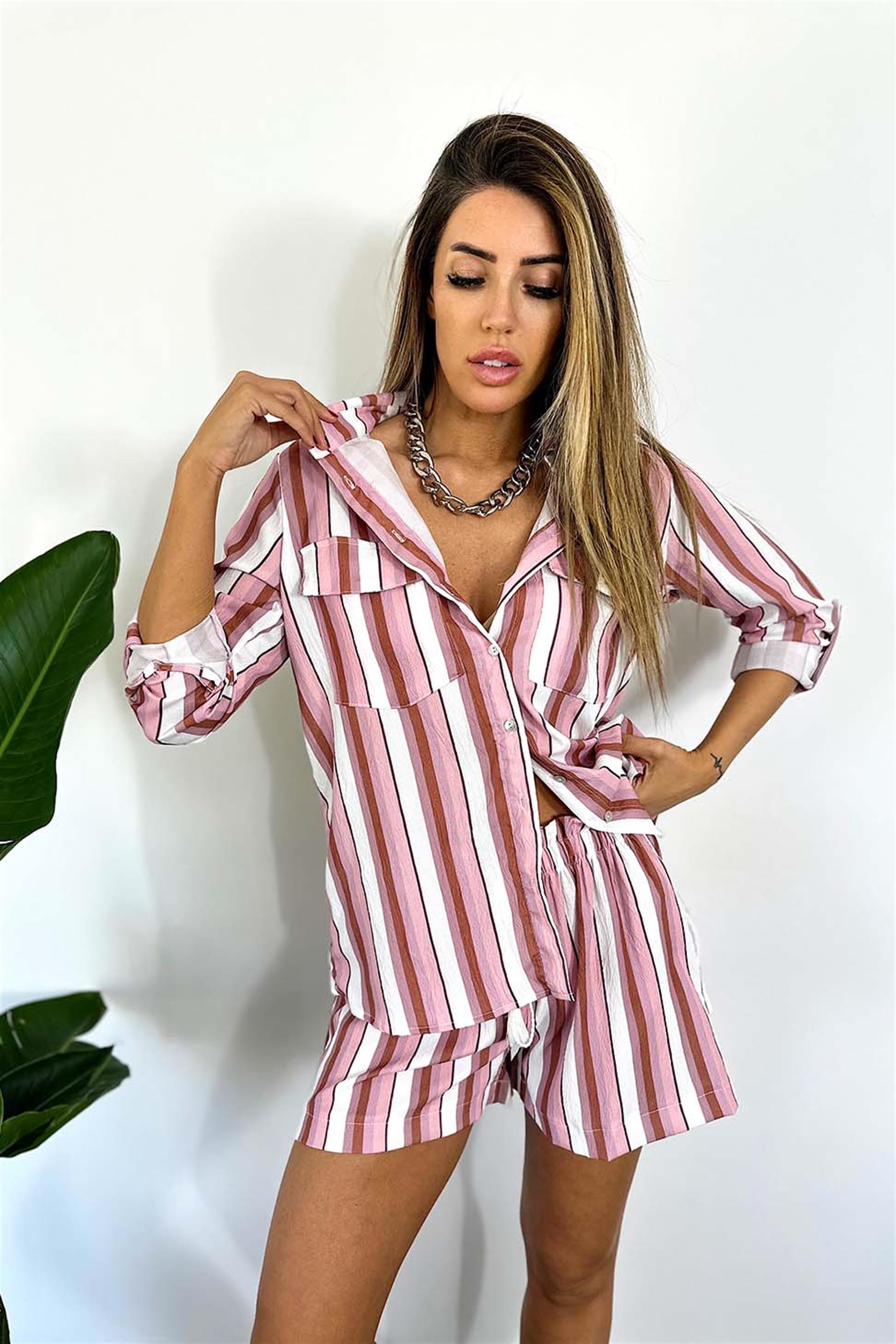 Krep Kumaş Beli Lastikli Şort Gömlek Yazlık Kadın Takım Pudra