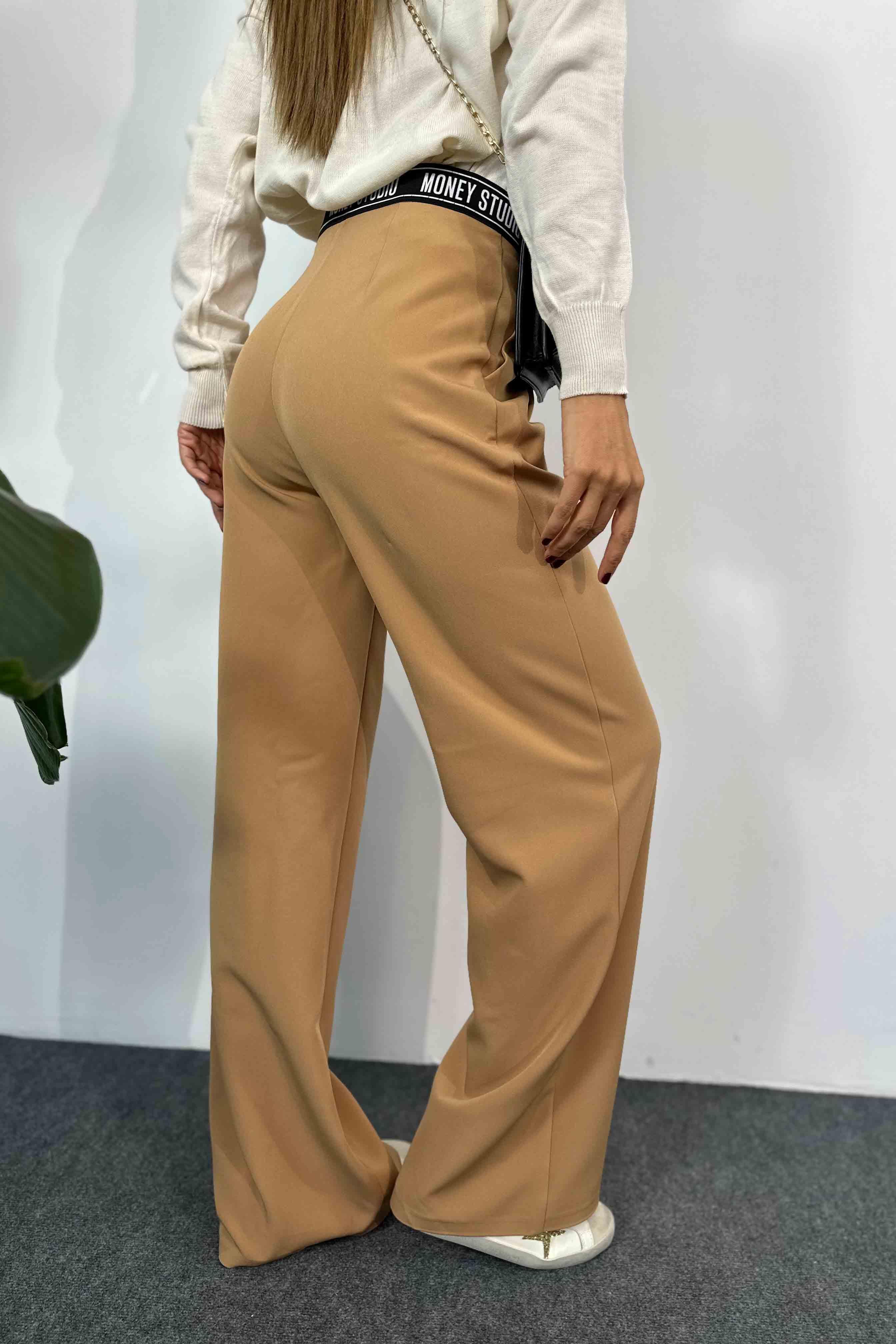 Krep Kumaş Beli Yazı Detay Palazzo Pantolon Camel · 3