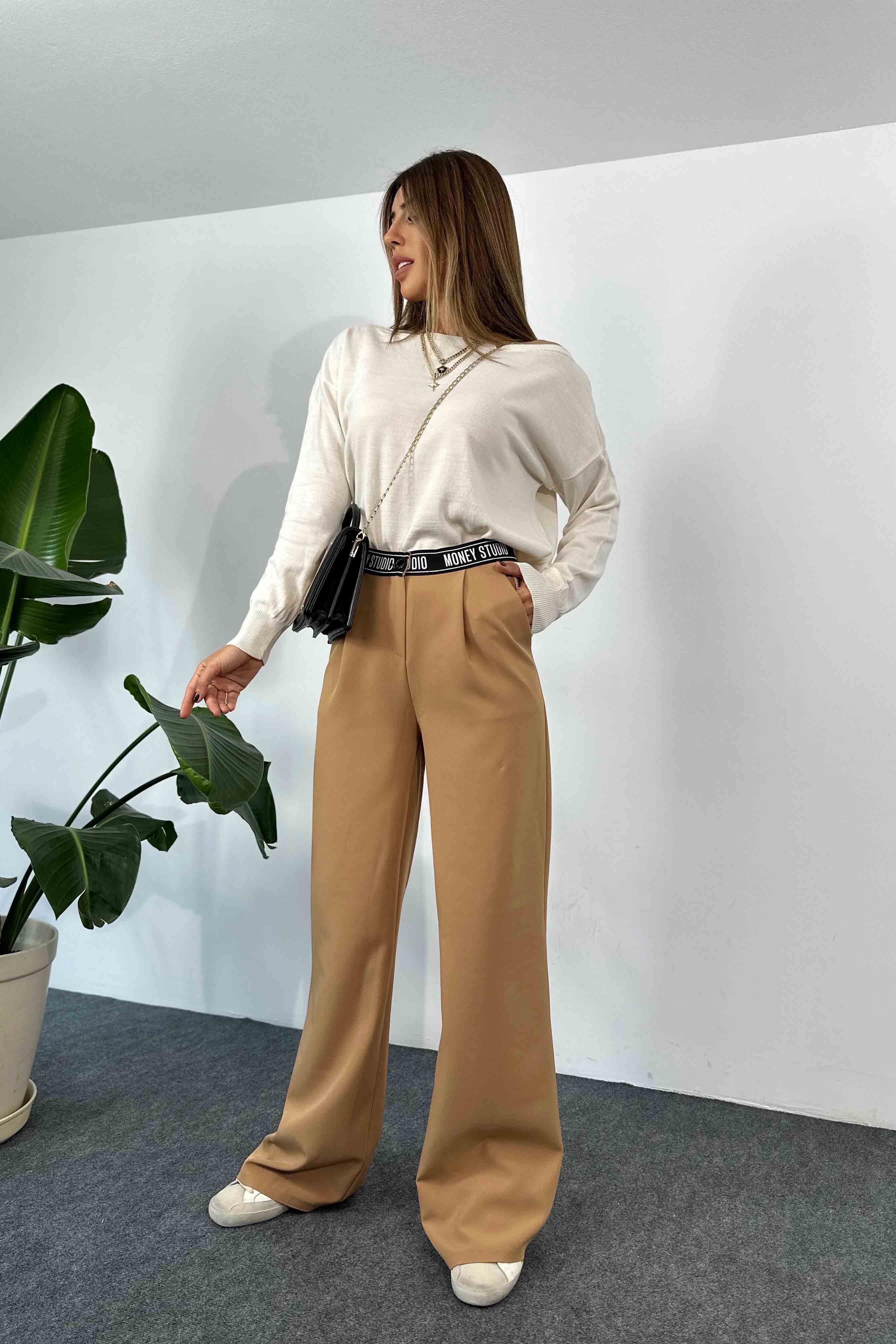 Krep Kumaş Beli Yazı Detay Palazzo Pantolon Camel · 5