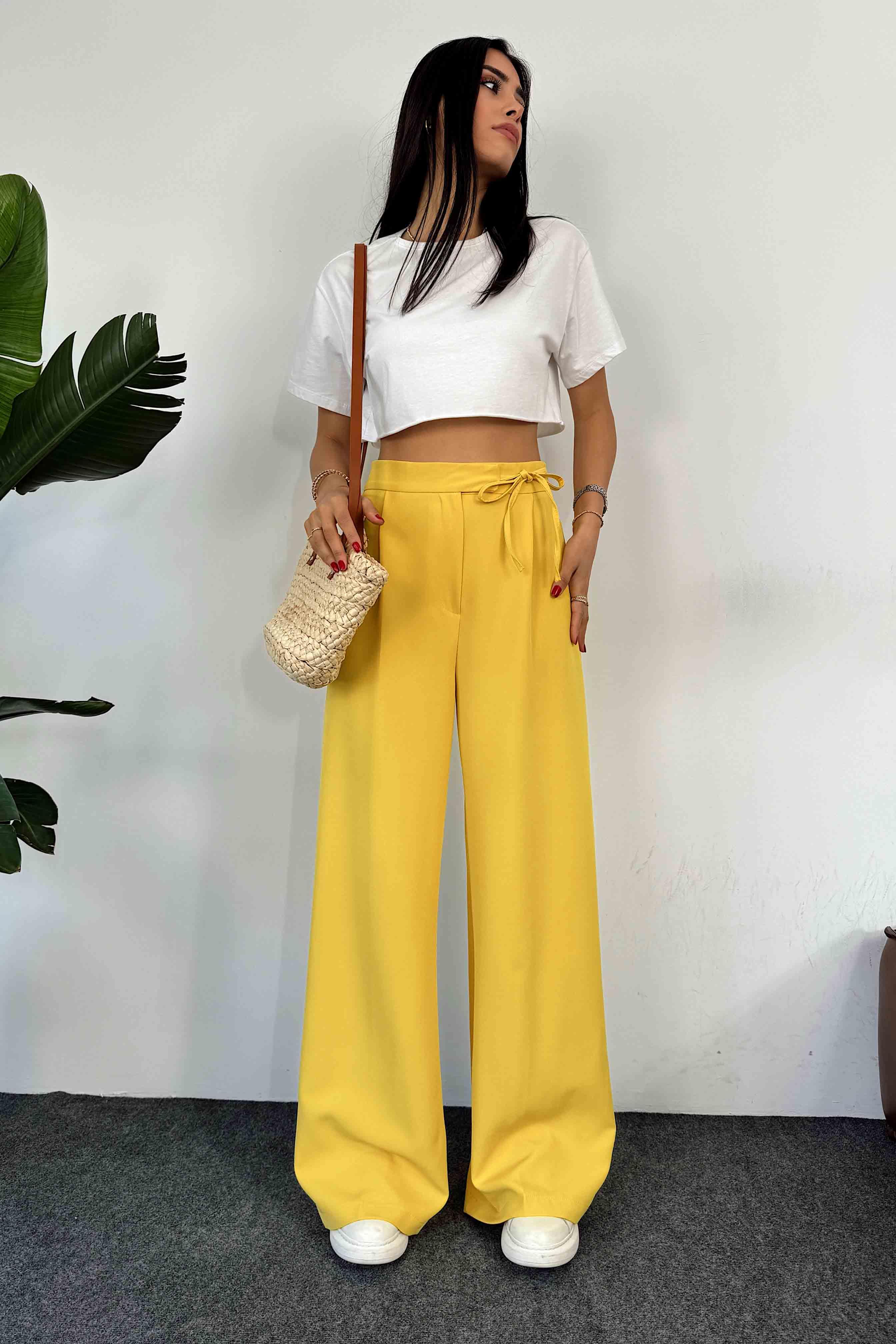 Krep Kumaş İp Bağlamalı Palazzo Pantolon Sarı