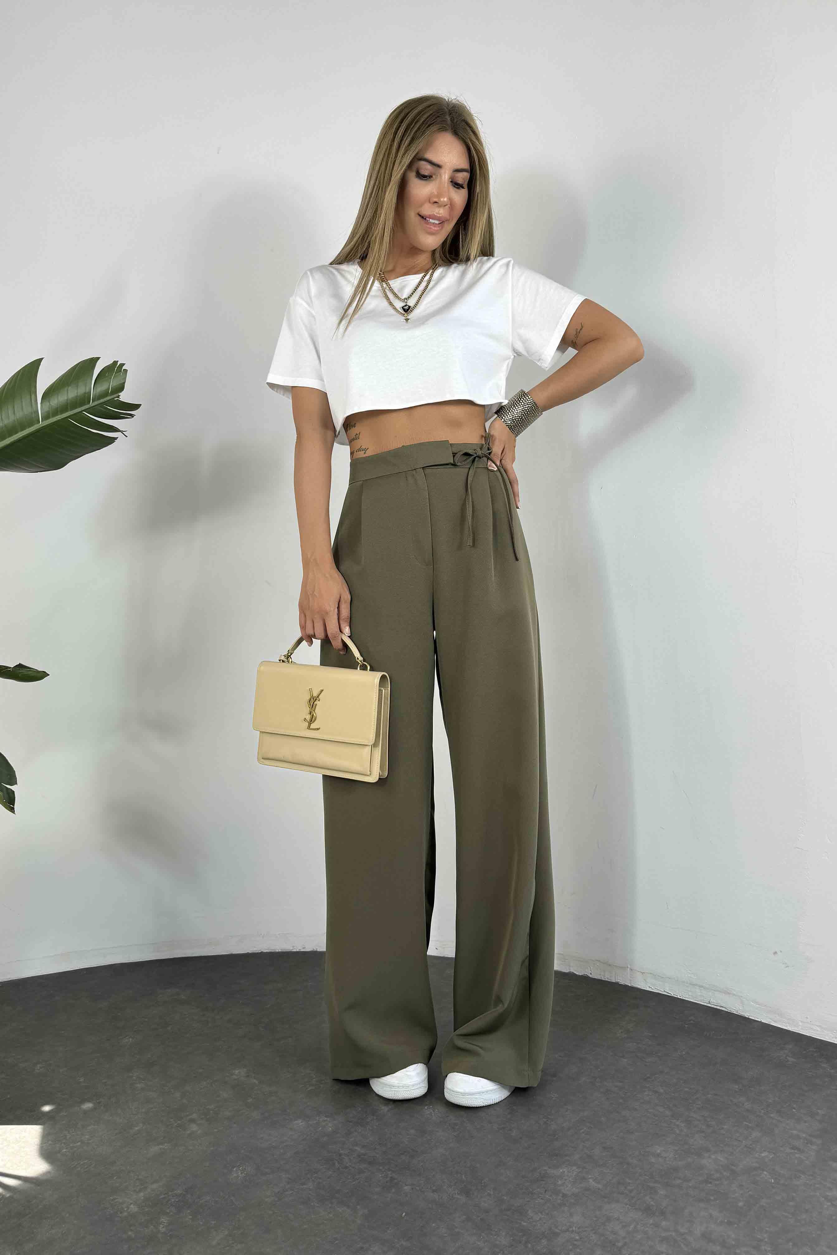 Krep Kumaş İp Bağlamalı Palazzo Pantolon Haki