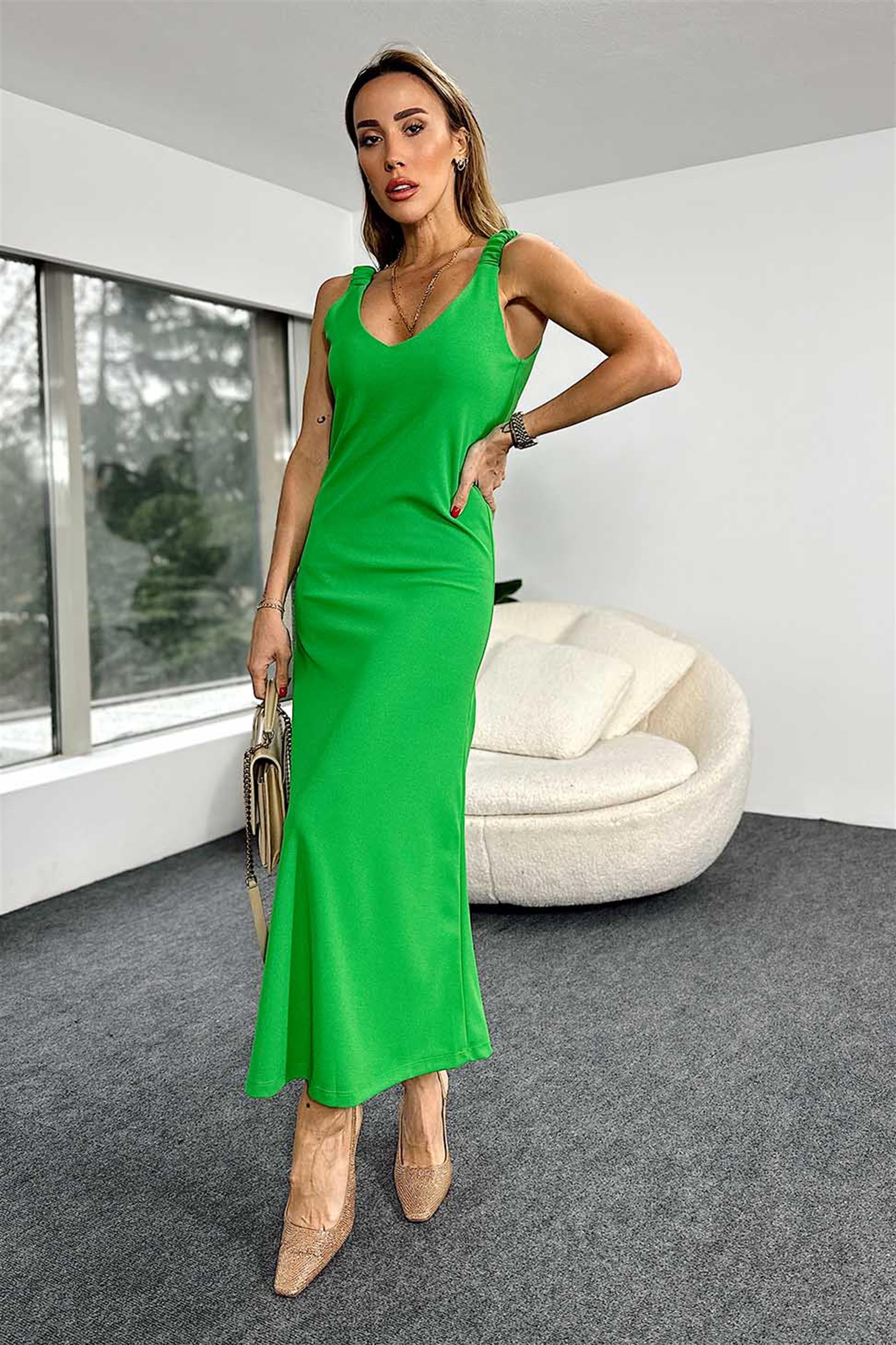 Krep Kumaş V Yaka Lastik Askılı Elbise Yeşil