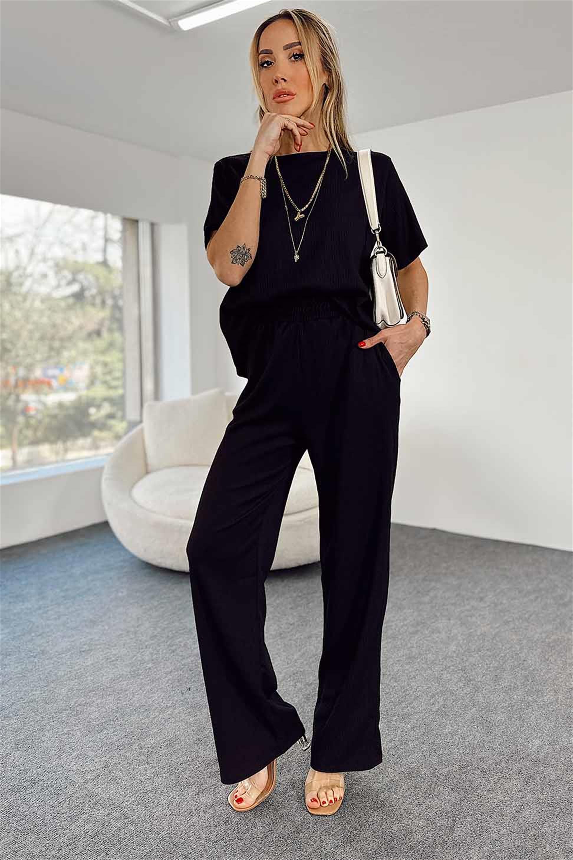 Krinkıl Kumaş Bisiklet Yaka Beli Lastikli İkili Kadın Takım Siyah