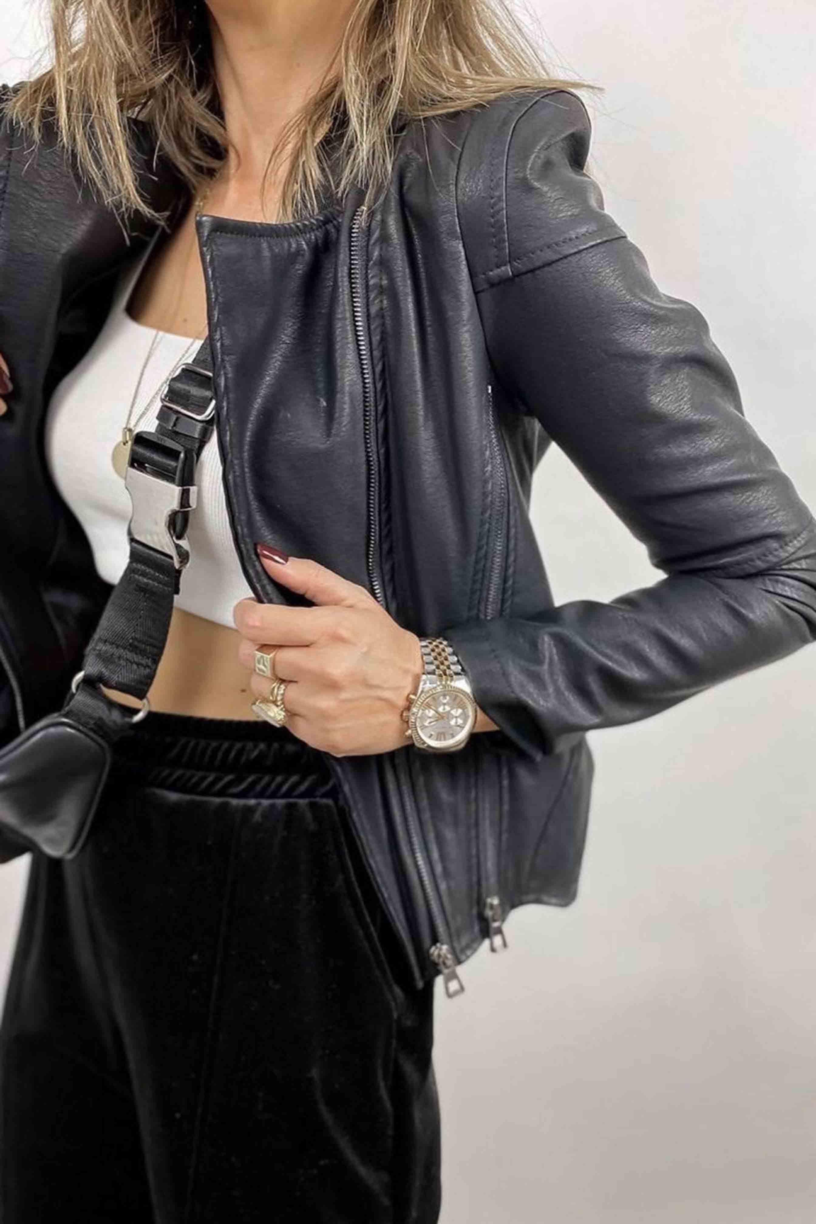 Kruvaze Yaka Biker Ceket Siyah