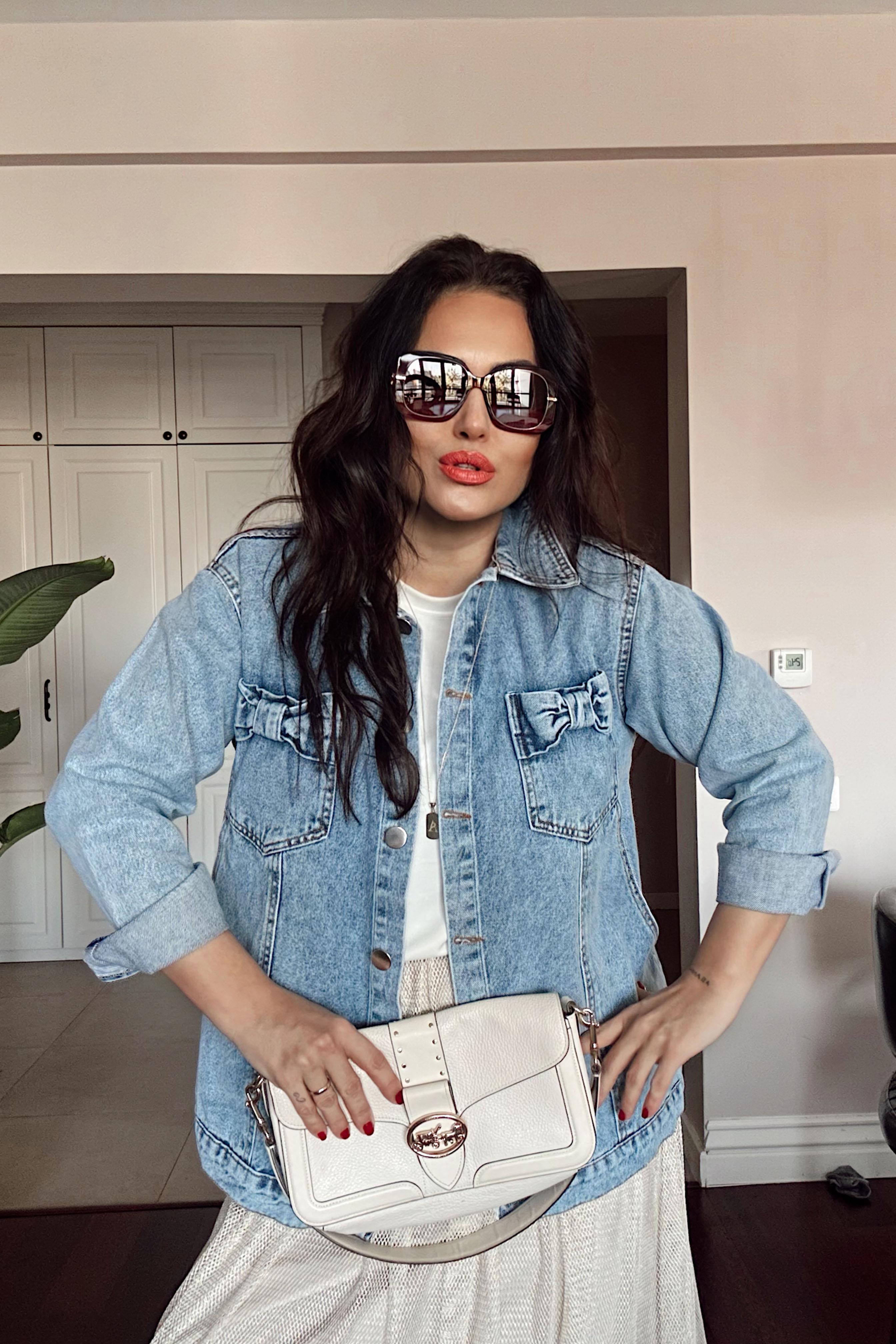 Kurdele Cep Detaylı Oversize Denim Ceket Mavi