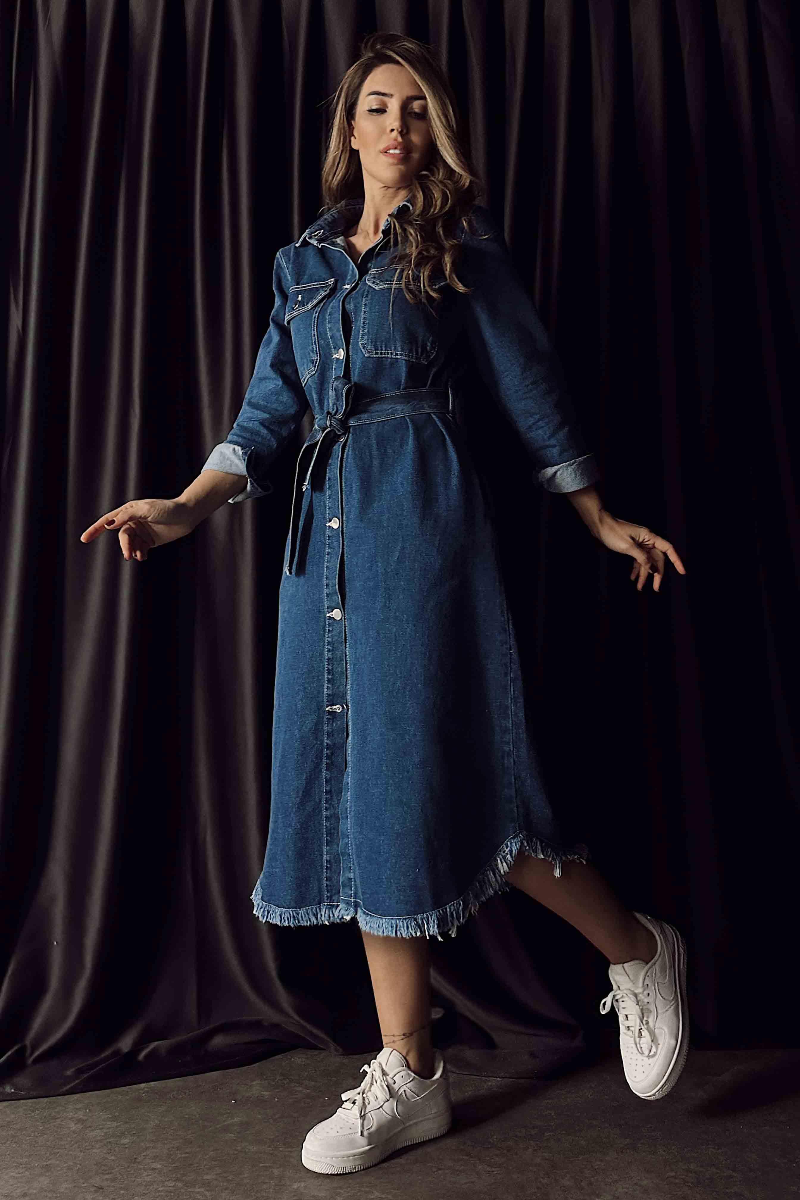 Kuşak Bağlamalı Düğmeli Denim Elbise Koyu Mavi