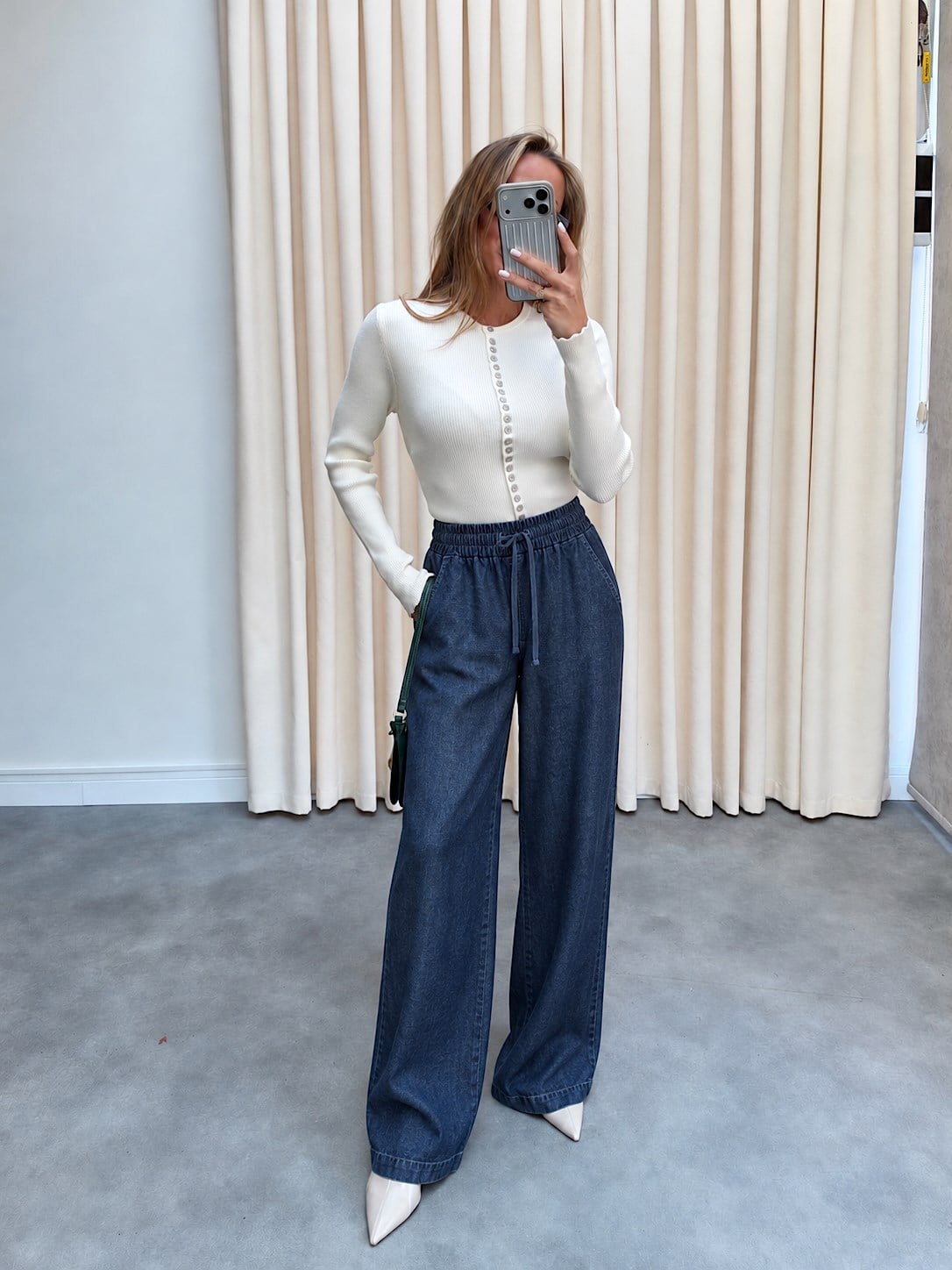 Lacivert Beli Lastik ve İp Detaylı Tensel Jean Palazzo