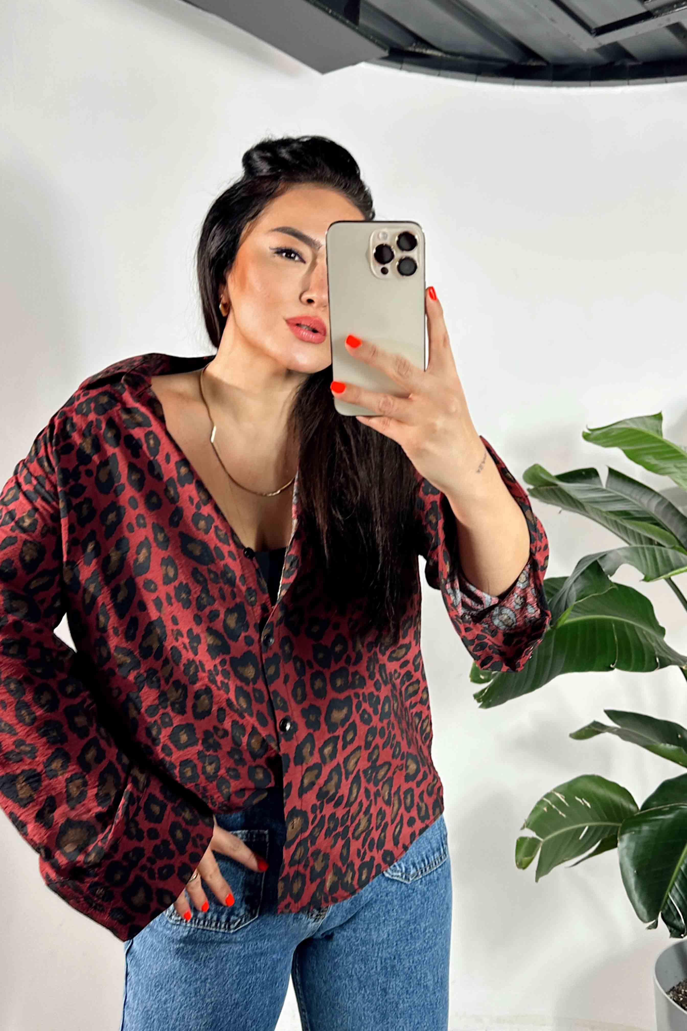 Leopar Desen Gömlek Bordo