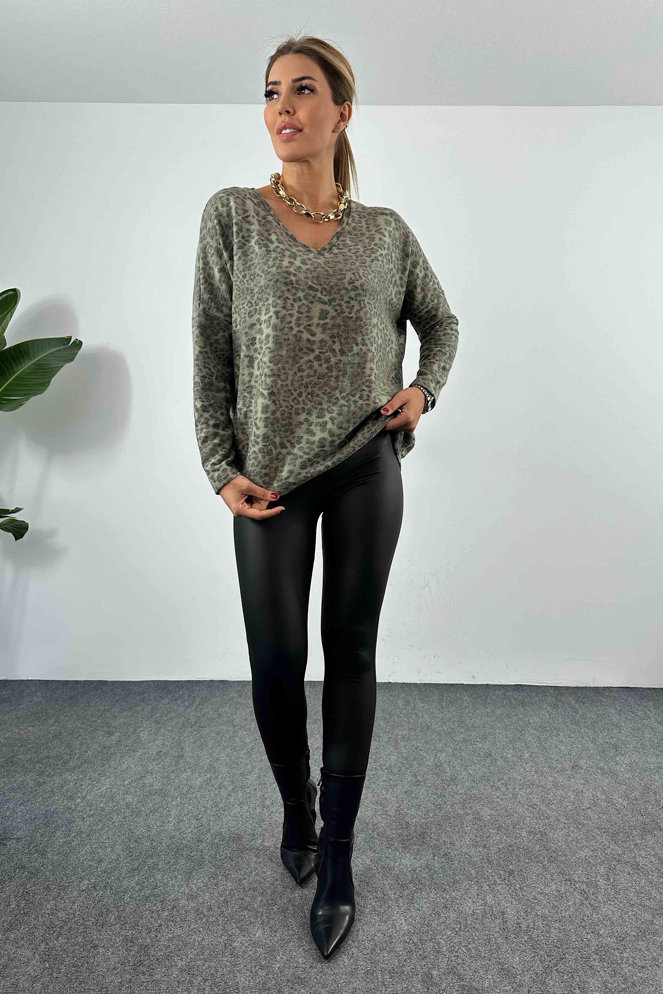 Leopar Desenli Oversize Kadın Bluz Haki